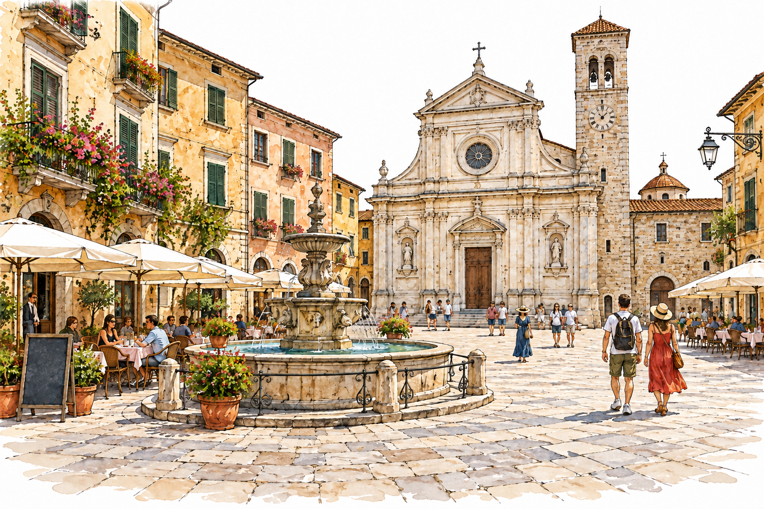 Sunny Italian piazza with stone paving fountain cafes and historic church facade, pedestrians cross open square.
