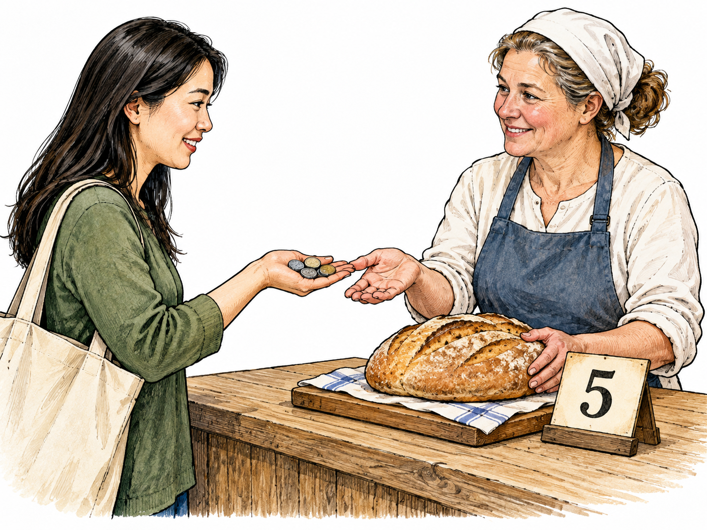 A shopper exchanges exactly five coins for a loaf, with a small functional 5 price tag beside the loaf.