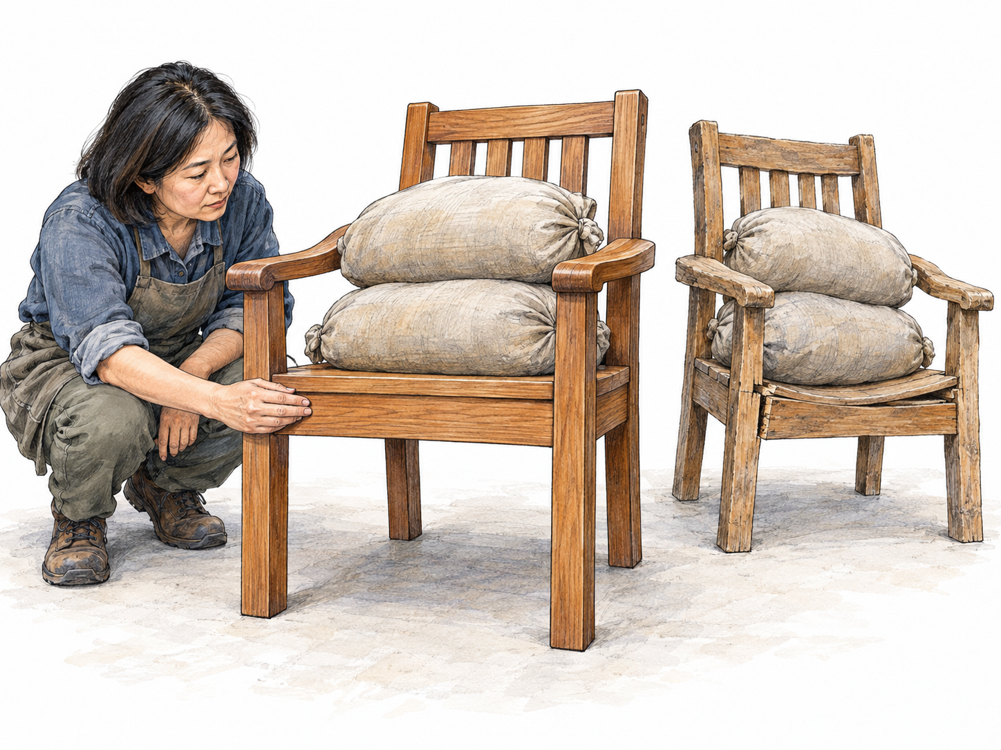 Sterling workmanship: a beautifully made wooden chair remains straight and sound under a substantial test load, contrasted with a poorly constructed chair whose seat sags and joints separate under the same load.