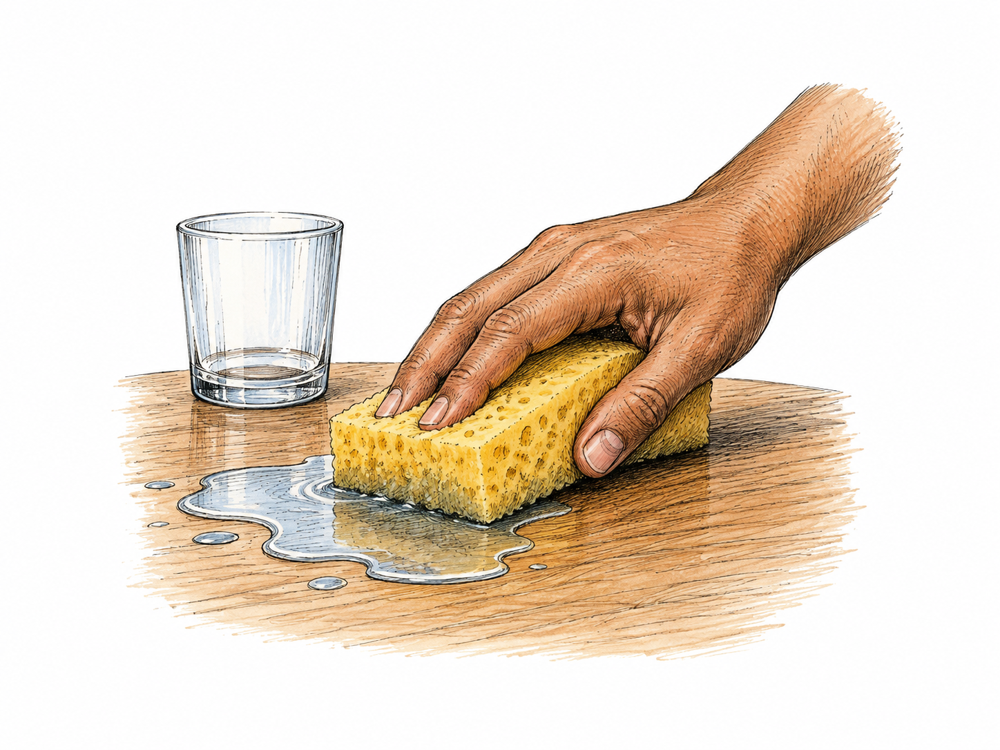 A hand presses a soft rectangular porous sponge into a small water spill on a tabletop; wet sponge absorbs the puddle, no foam brand or packaging.