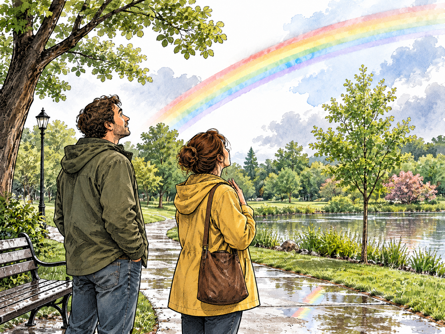 A sudden rainbow appears over a small park after rain and two adult observers notice the event with mild surprise.