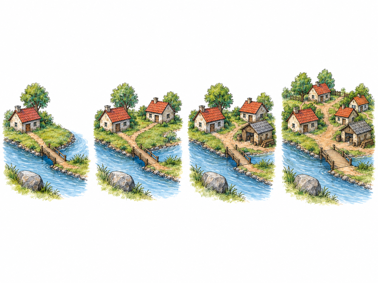 Evolution shown as the gradual development of one riverside settlement across four successive stages, with recognizable features retained as small changes accumulate.