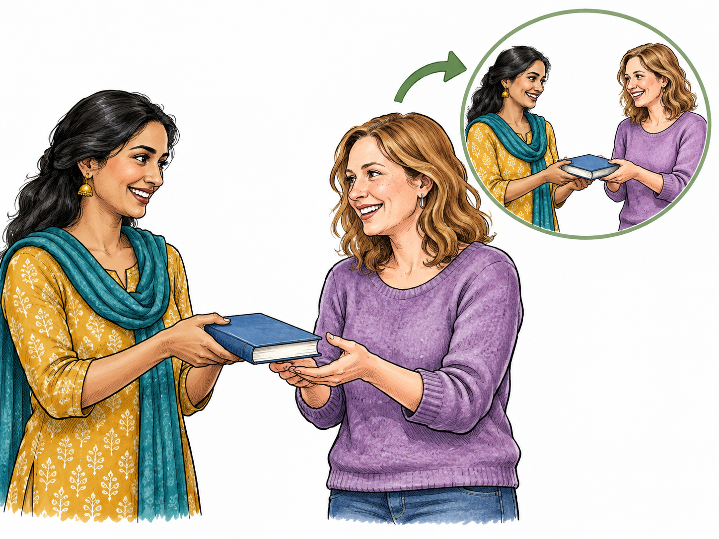 One adult lends a book to a friend, with a small inset showing the same book returned by the same friend later.