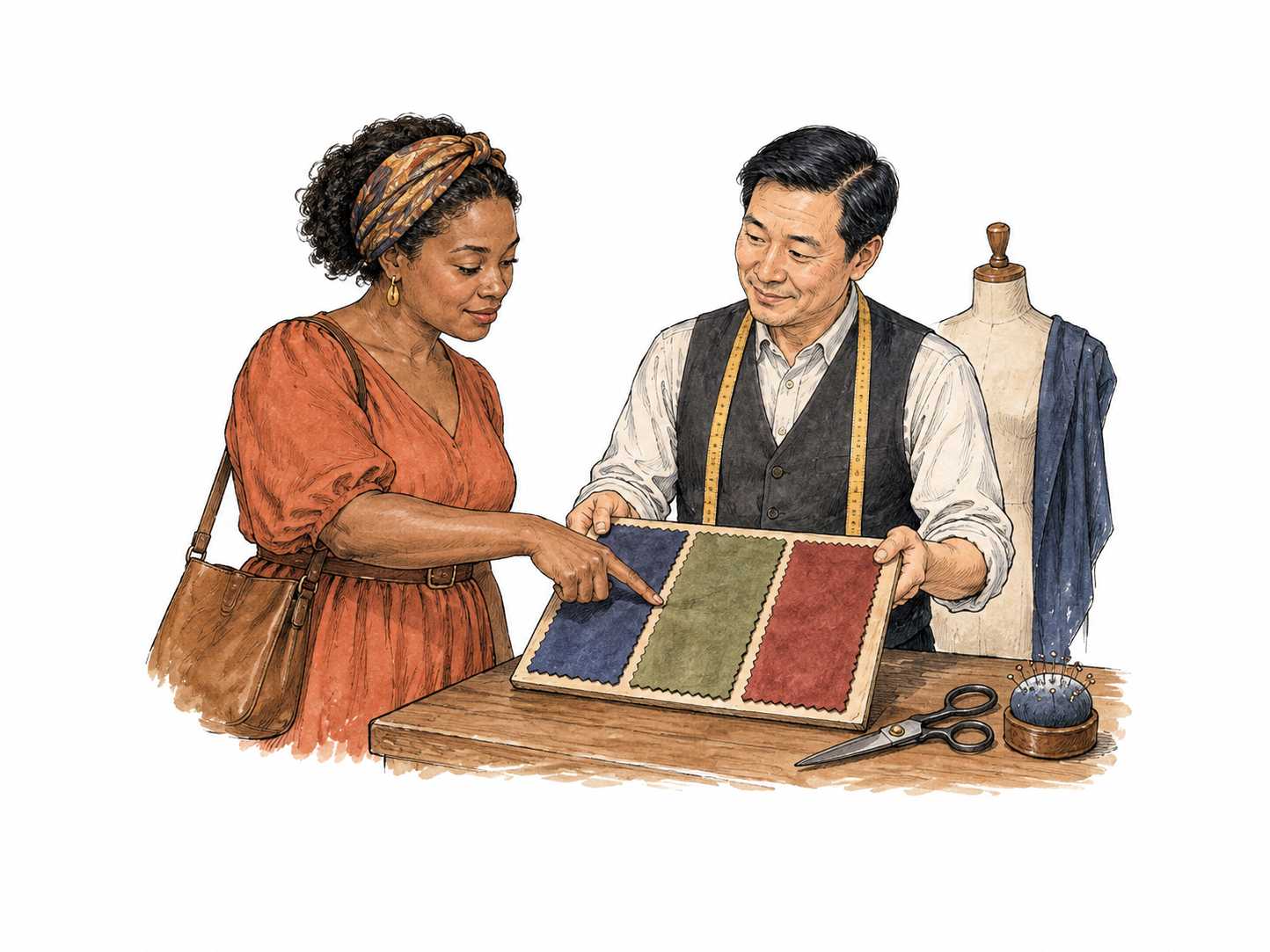 Customer points exactly at the middle of three differently colored fabric samples offered by tailor.