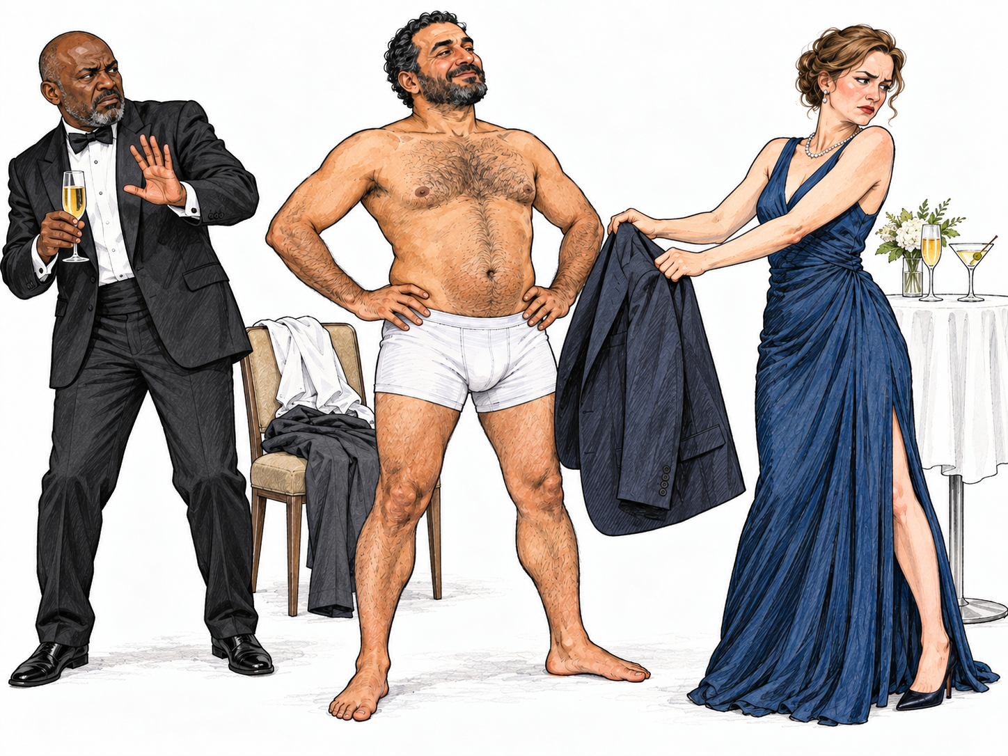 An underwear-clad man brazenly poses among formally dressed adult reception guests.