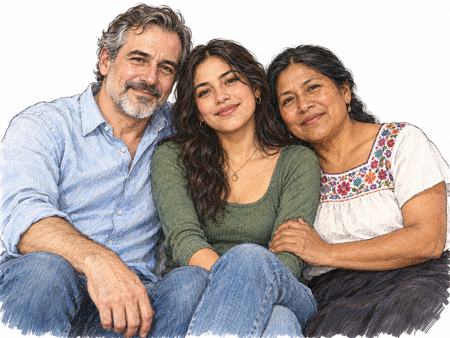 Warm contemporary family portrait: a young adult centered between her European Spanish father and Indigenous Mexican mother, all seated closely with easy familial affection.