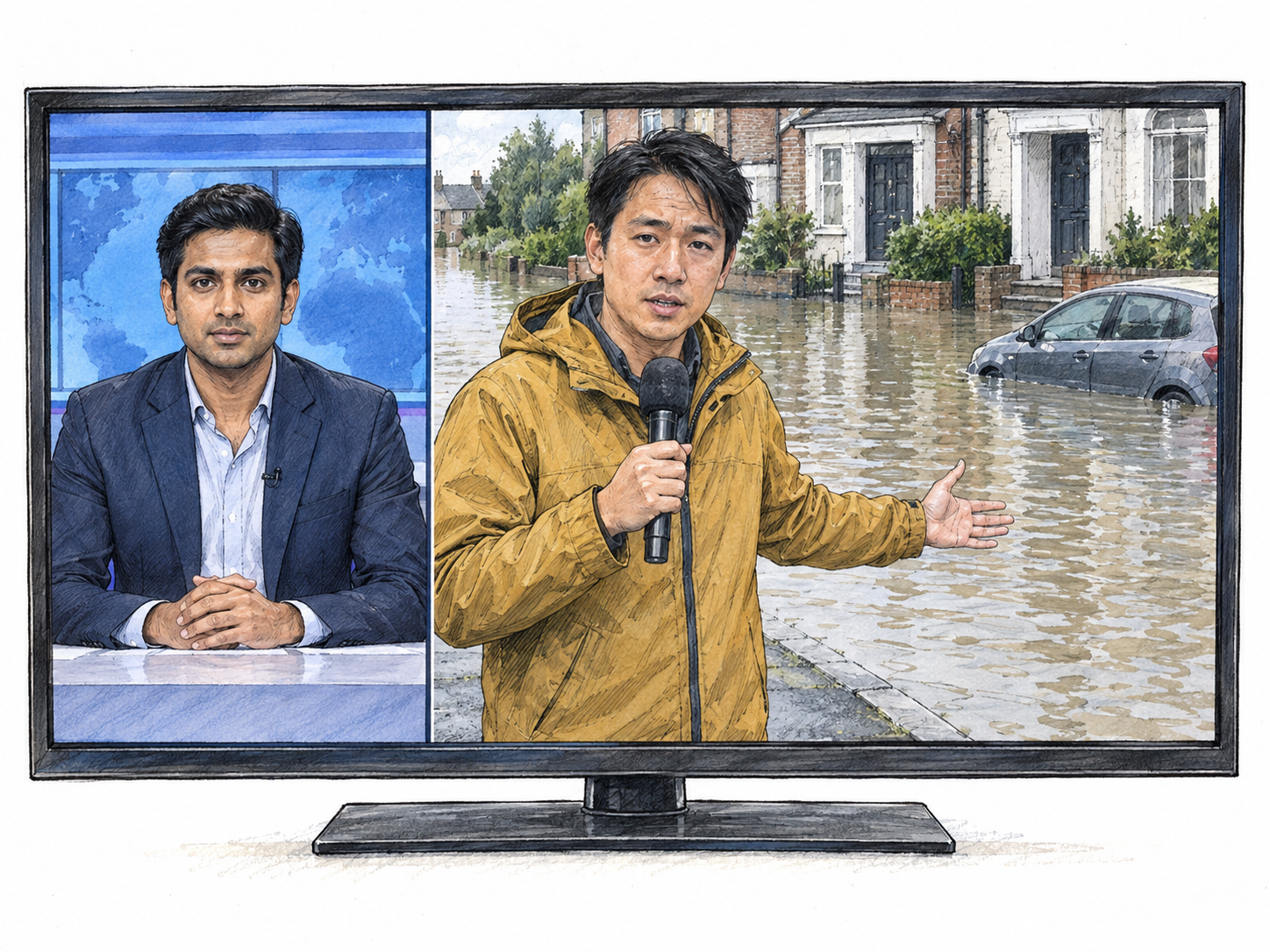 A television news report gives an account of flooding through a studio presenter and an on-location correspondent showing the affected street.
