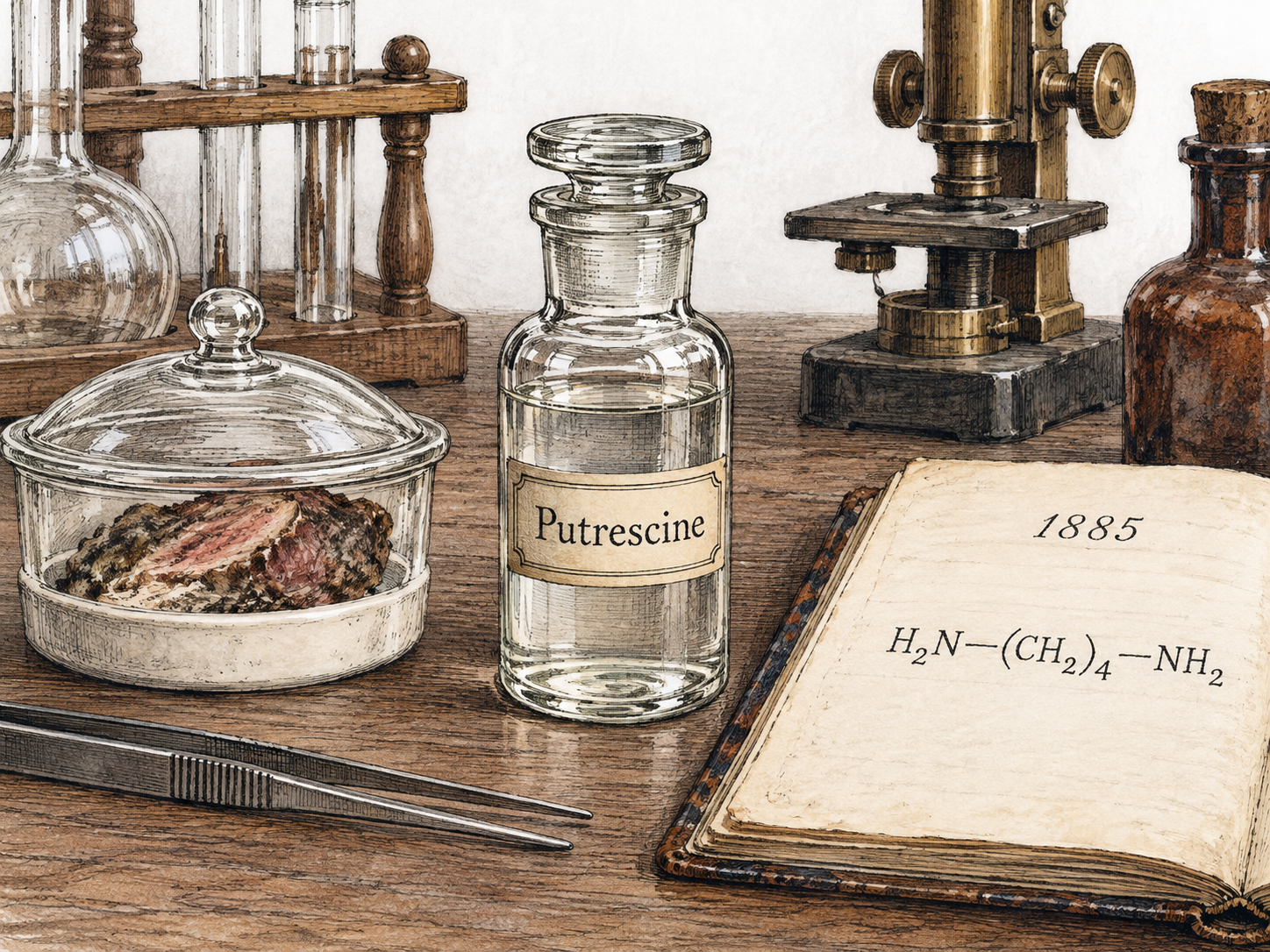 A historic sample of putrescine with its molecular formula.
