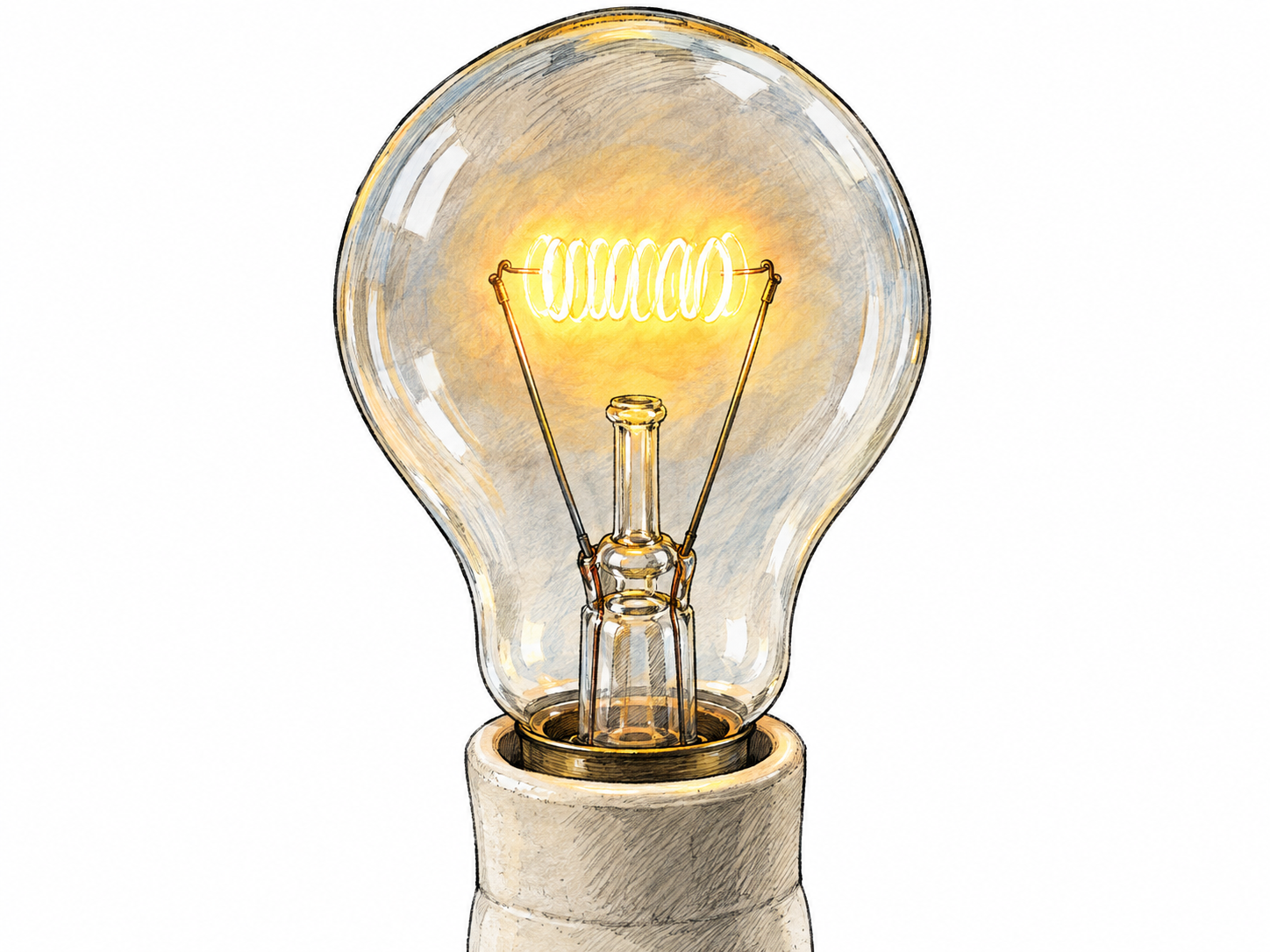 A close-up of a clear incandescent light bulb with its tungsten filament glowing brilliant yellow-white, making heat-generated light the unmistakable focal point.