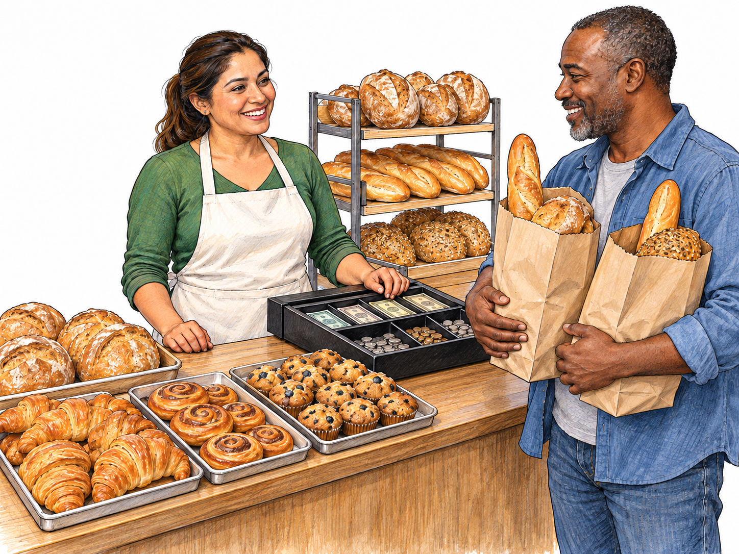 A thriving small bakery: its relaxed owner stands beside abundant fresh goods and a cash drawer with substantial neatly arranged takings while a customer carries a generous purchase.