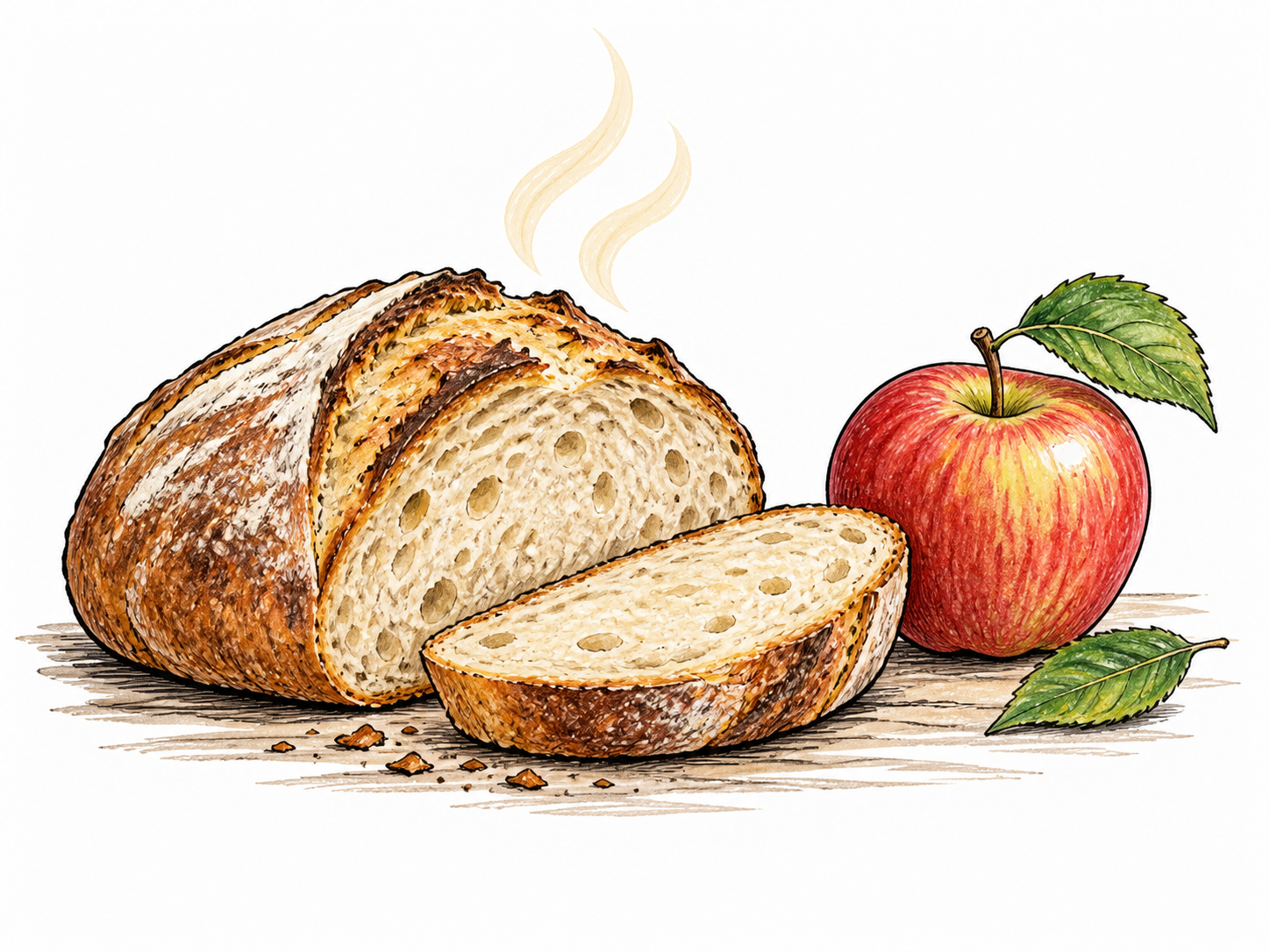 A freshly baked loaf with one cut slice releases a little visible steam beside crisp newly picked apple and leaf, no packaging, clear newly made food.