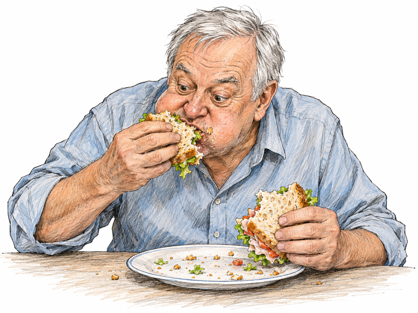 An older man hastily stuffs a large bite of sandwich into his already full mouth while gripping another sandwich half ready in his other hand.