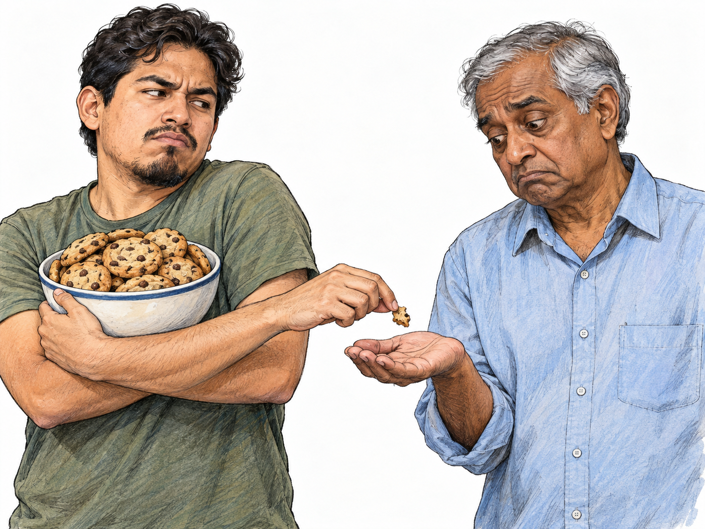 A man guards a heaping bowl of cookies against his chest while grudgingly offering just a tiny broken piece to another man's outstretched hand.