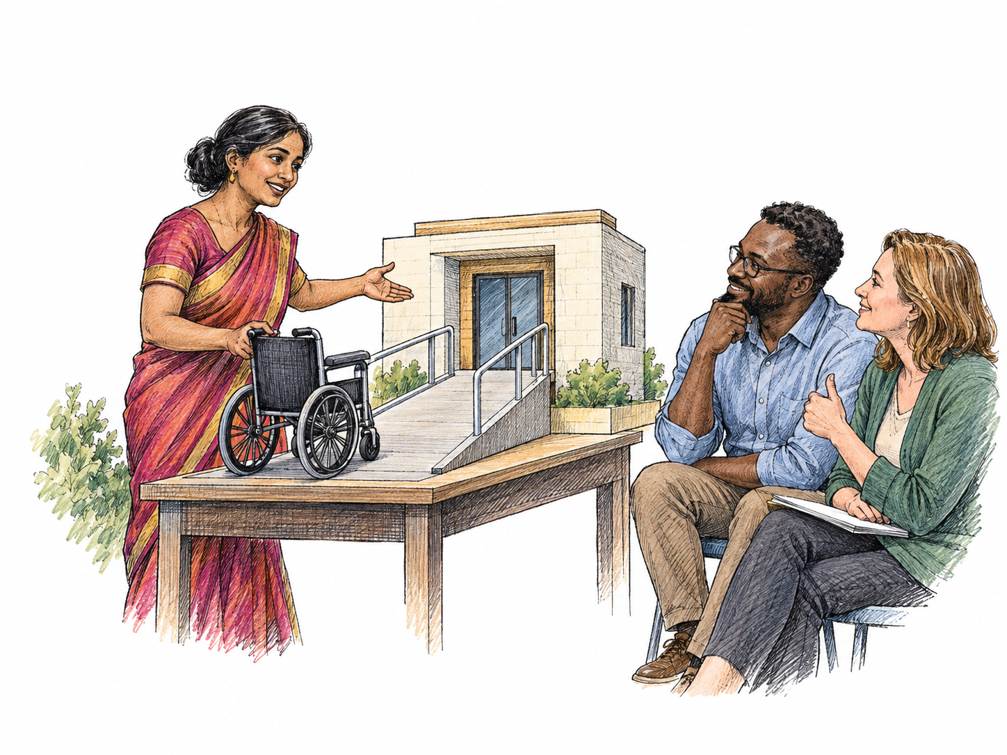 A compelling speaker demonstrates how a simple ramp lets a wheelchair roll smoothly into a model building, listeners nod in agreement with the convincing example.