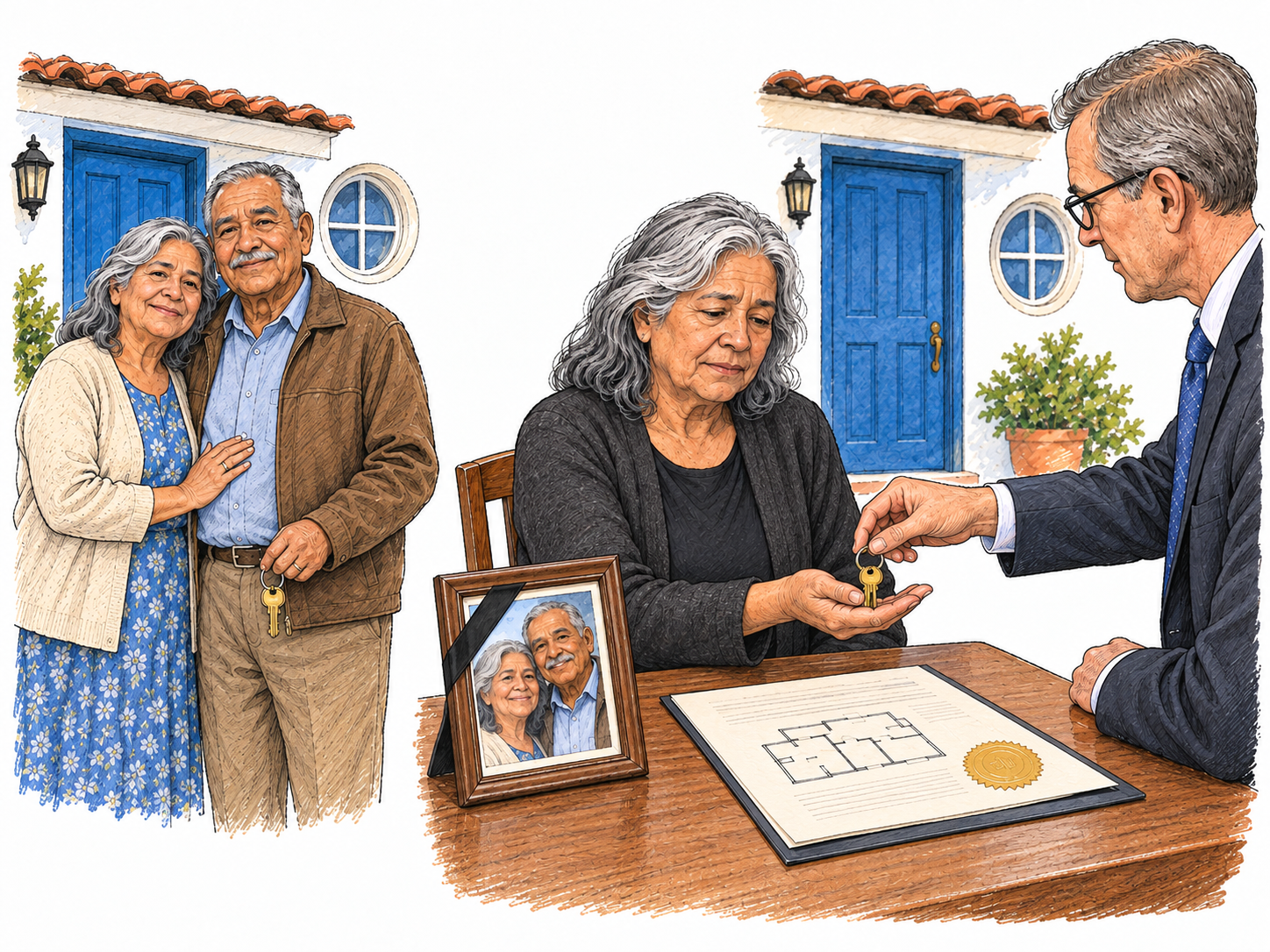 A compact two-scene sequence depicts property legally provided to a widow from her husband: a married couple at their house, followed by the surviving wife receiving its keys through formal estate administration.