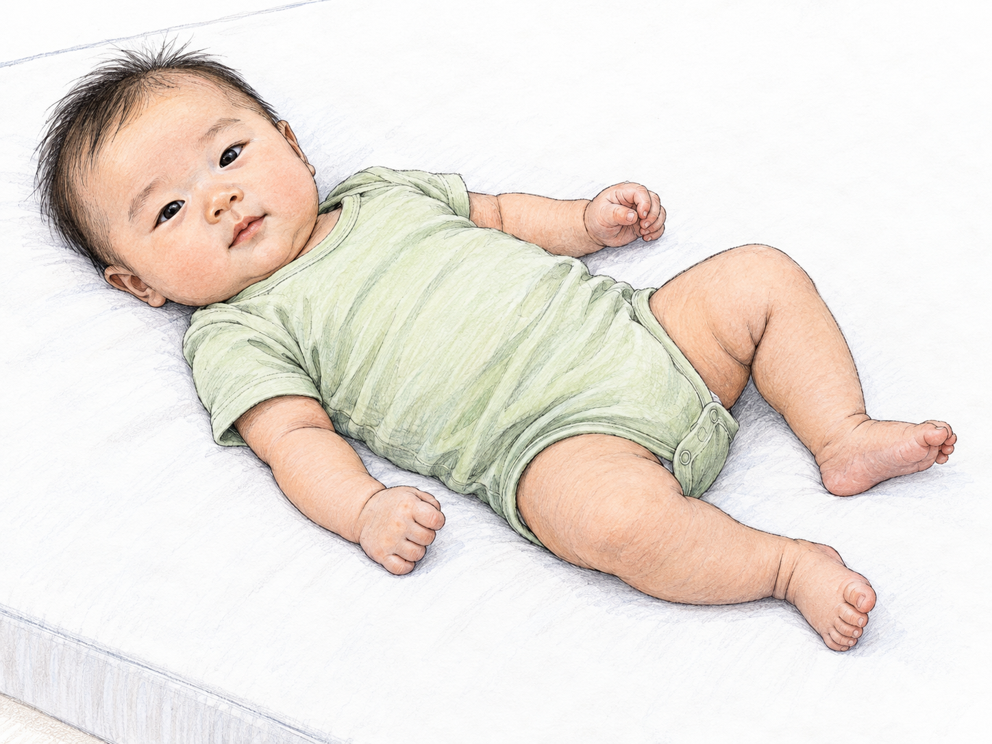 A very young infant lying safely on its back on a plain crib mattress, with tiny curled hands and feet and unmistakably newborn proportions, illustrating the earliest stage of childhood.