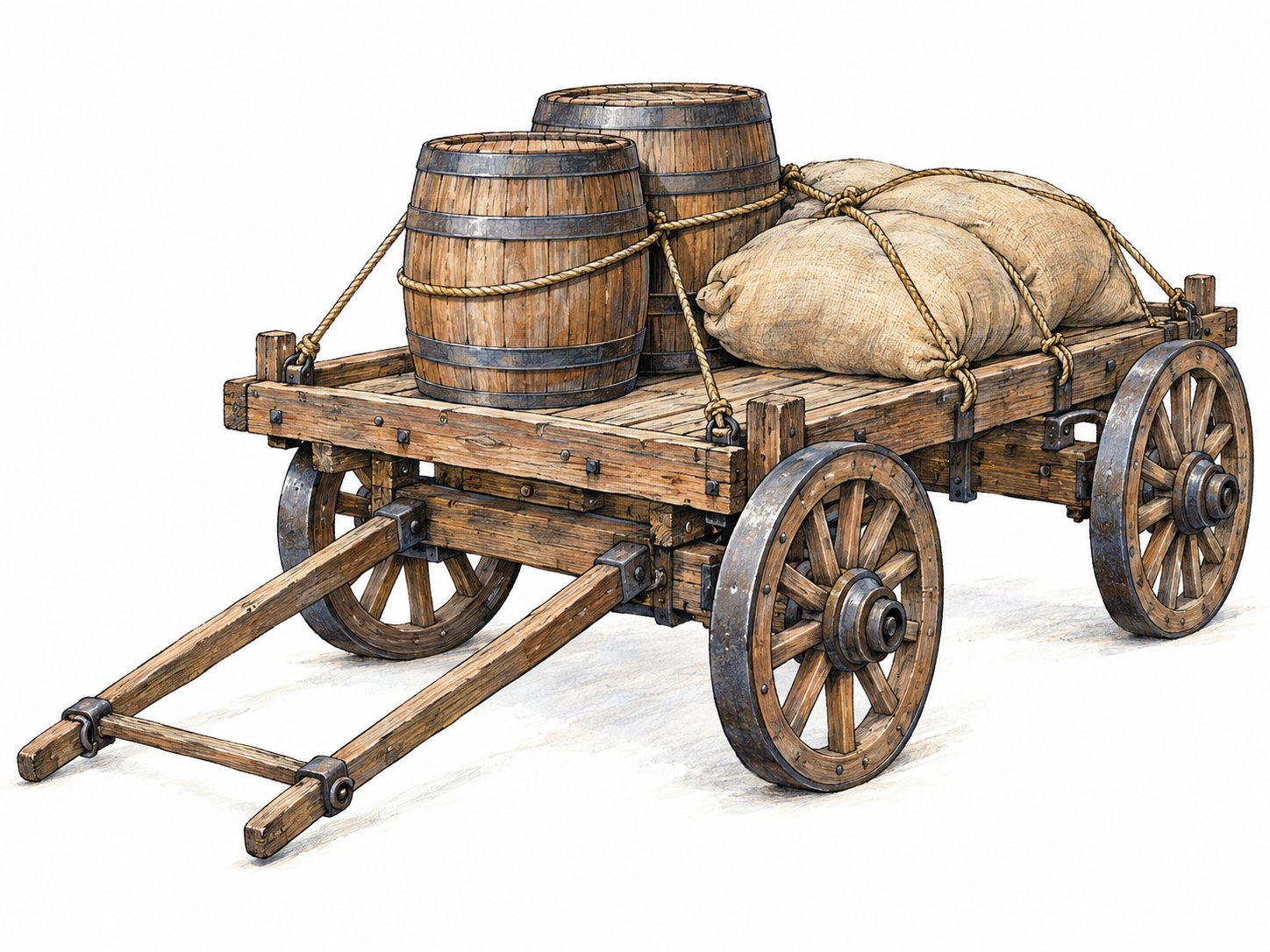 An isolated, low, heavily built wooden freight cart carrying secured barrels and sacks, shown from a three-quarter angle that clearly reveals its low platform, stout wheels, and forward pulling shafts.