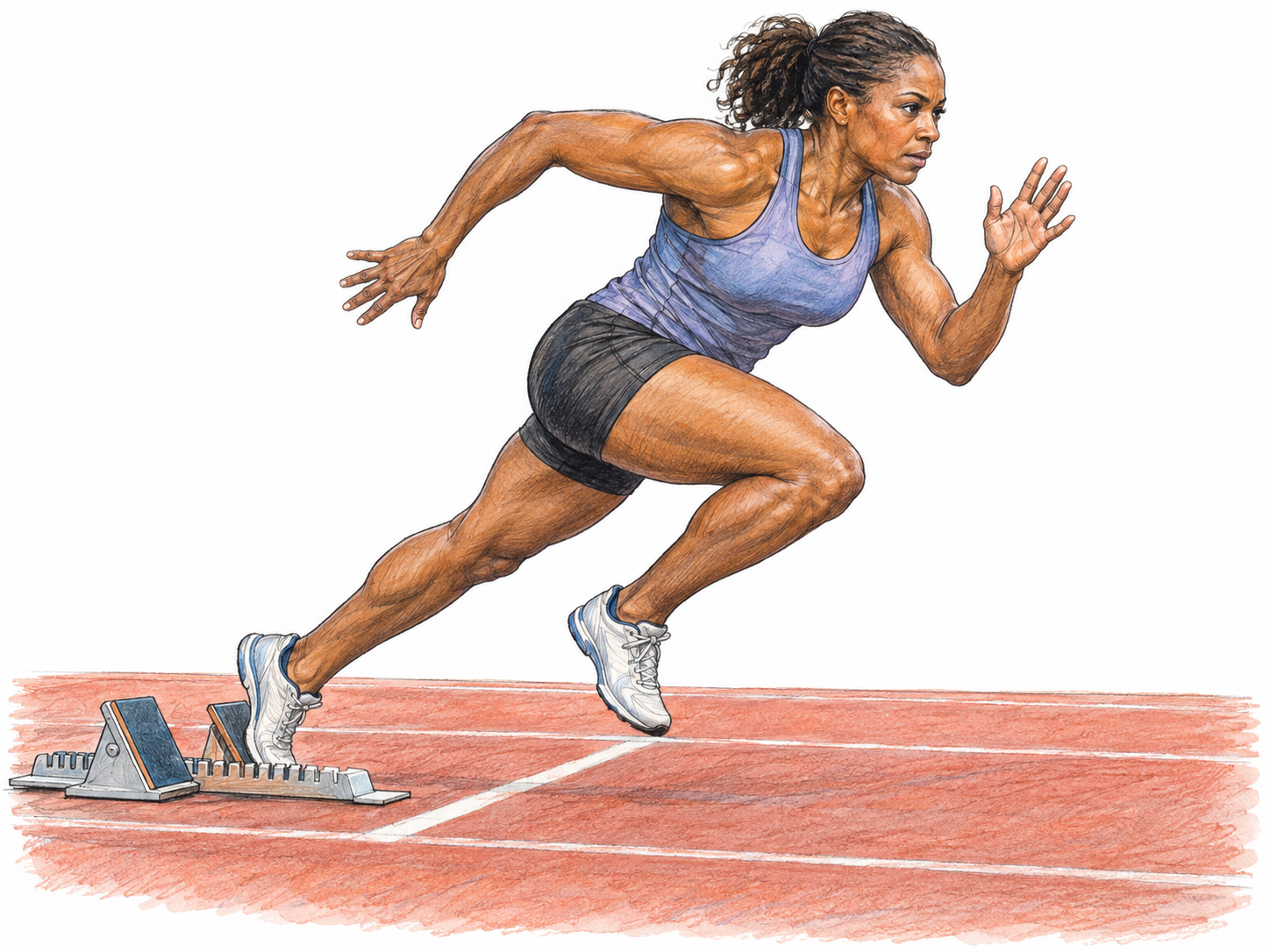 A runner begins a sprint, pushing out of starting blocks at the starting line with almost the entire track still ahead.