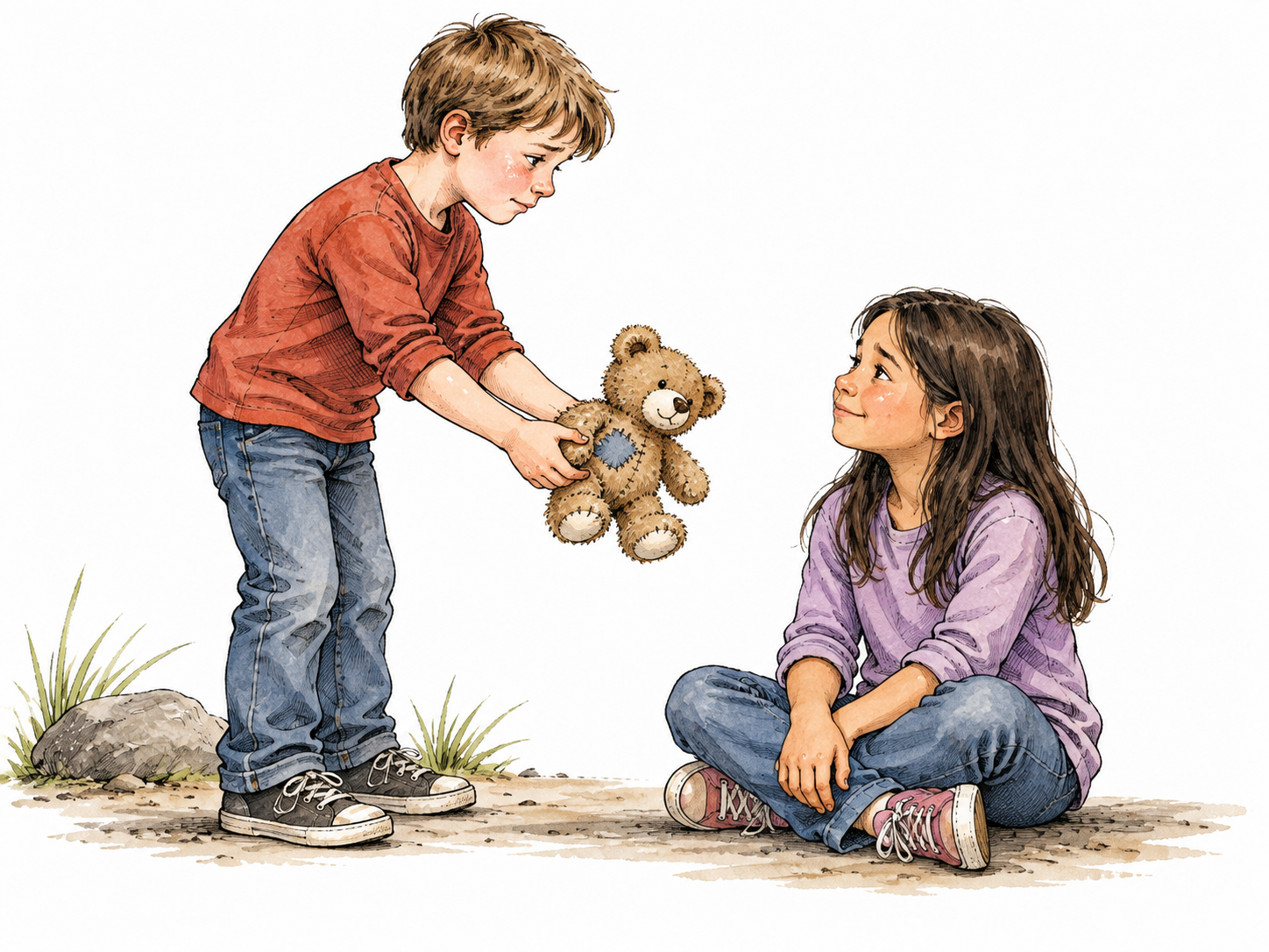 A white child apologetically offers a repaired toy to a friend.