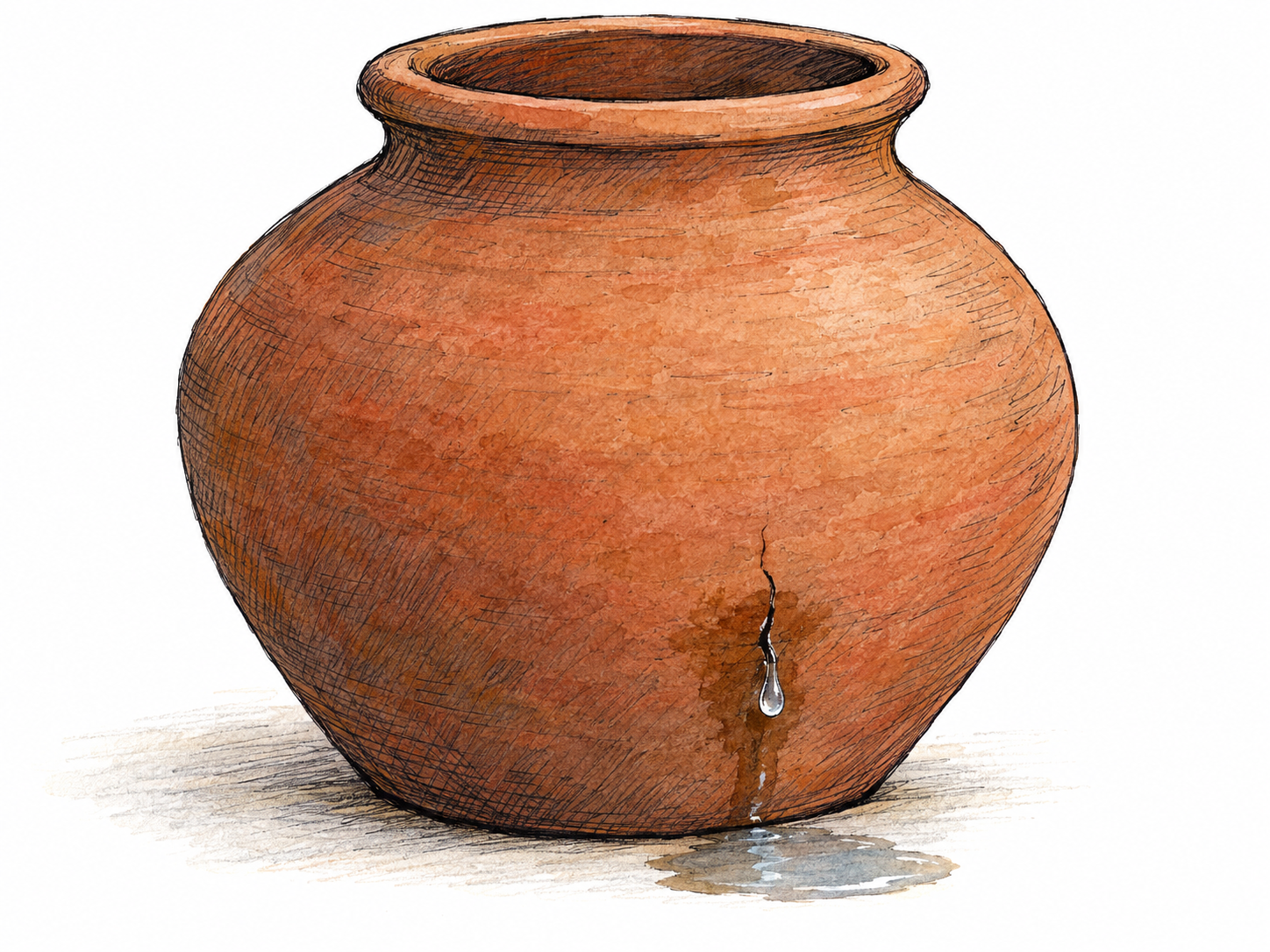 Water slowly seeps through a hairline crack near the bottom of a plain clay vessel, darkening the clay and collecting in a tiny puddle beneath it.