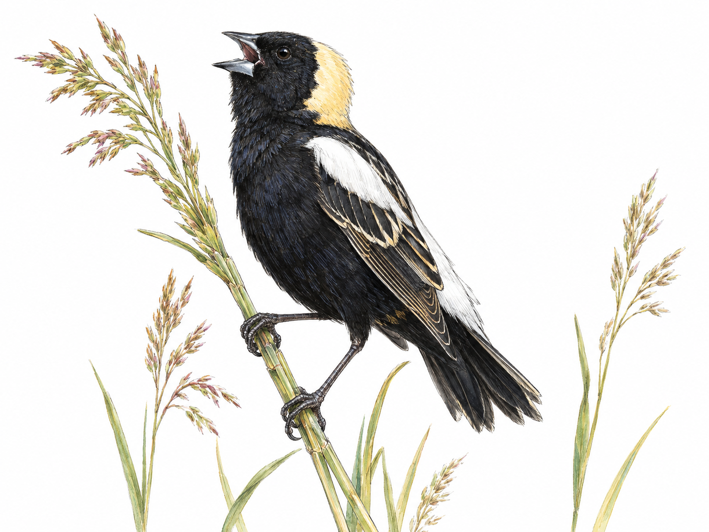 A breeding male bobolink singing from a meadow grass stalk, with its distinctive black body, buff nape, and white shoulder and rump patches clearly visible.