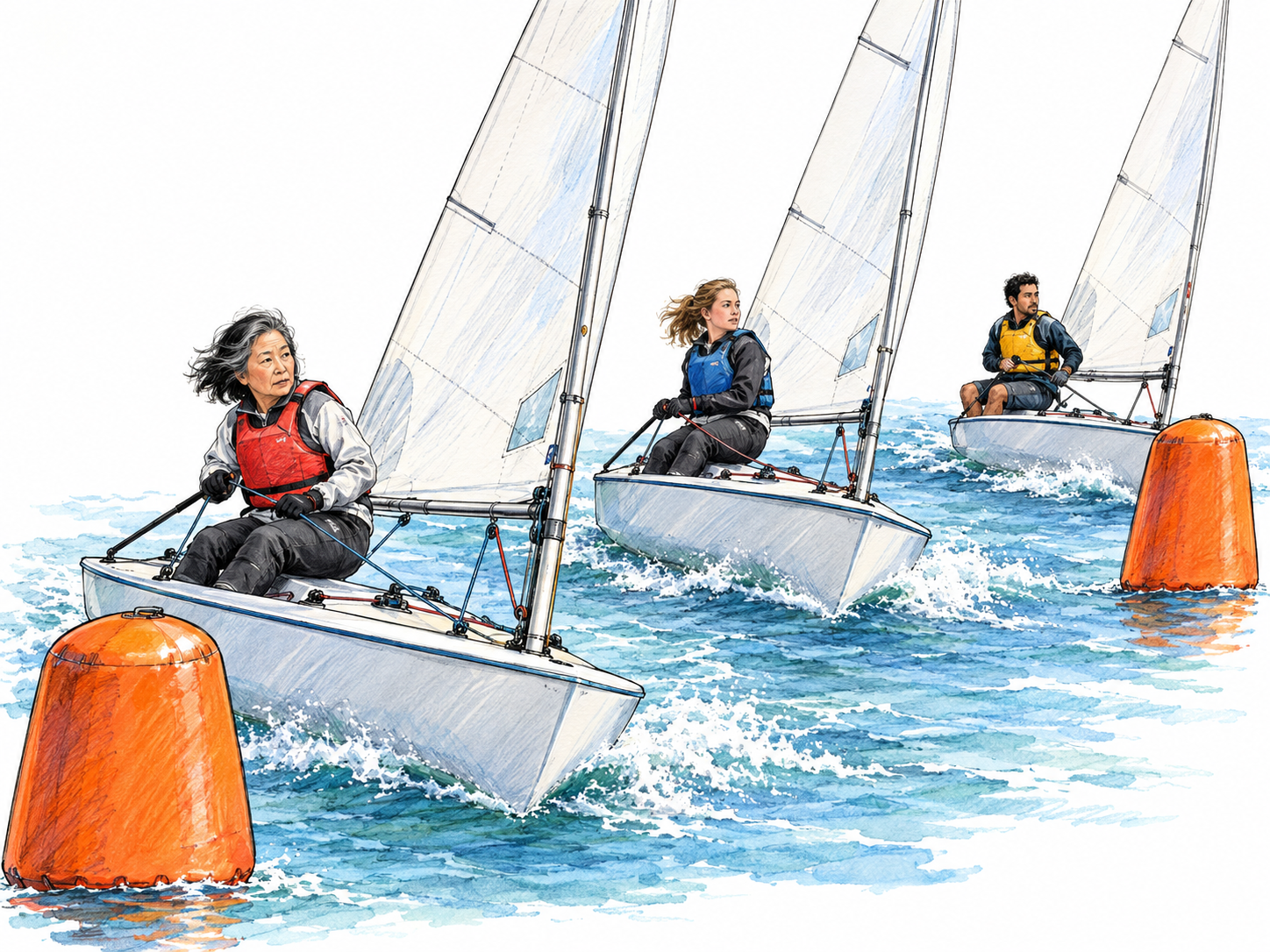 Three single-person racing dinghies compete closely on a buoy-marked course, with taut sails, hiking sailors, and parallel wakes making an organized sailing race immediately recognizable.