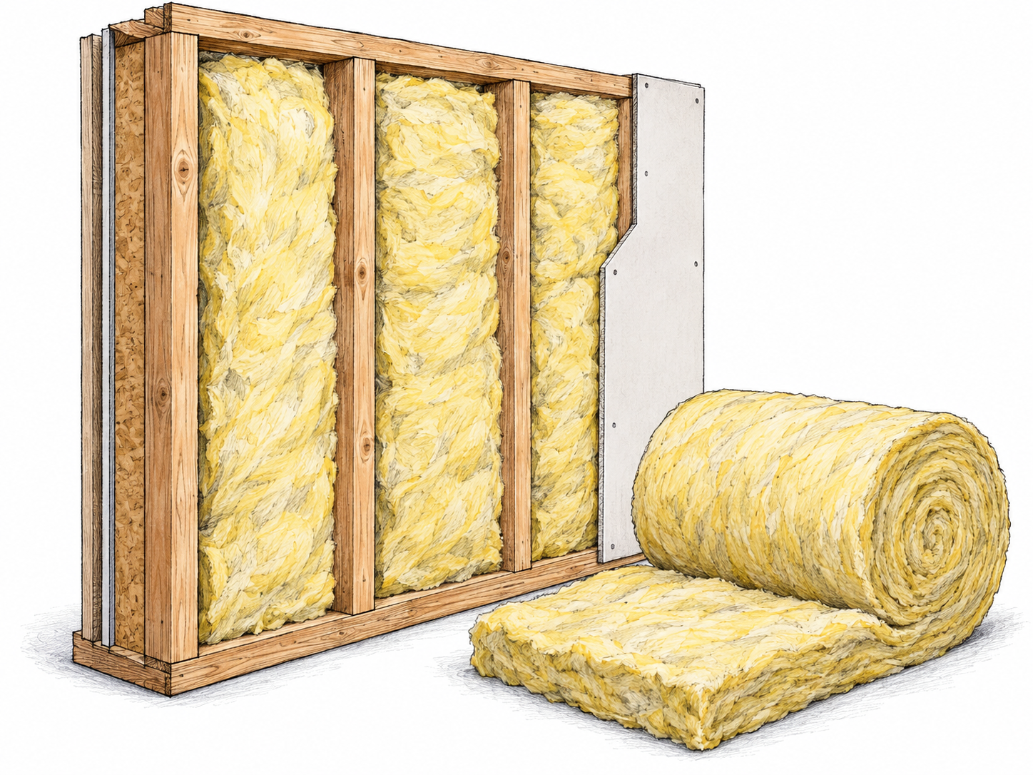 A simple exposed wall section filled with thick fibrous insulation batts, with a matching partially unrolled batt beside it so the material itself is unmistakably the subject.