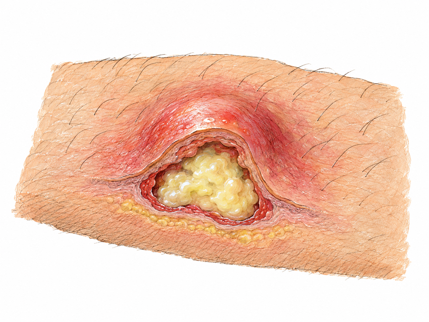 A close-up of an inflamed skin swelling with a small, integrated cutaway revealing a localized pocket of yellow pus beneath the raised red surface.