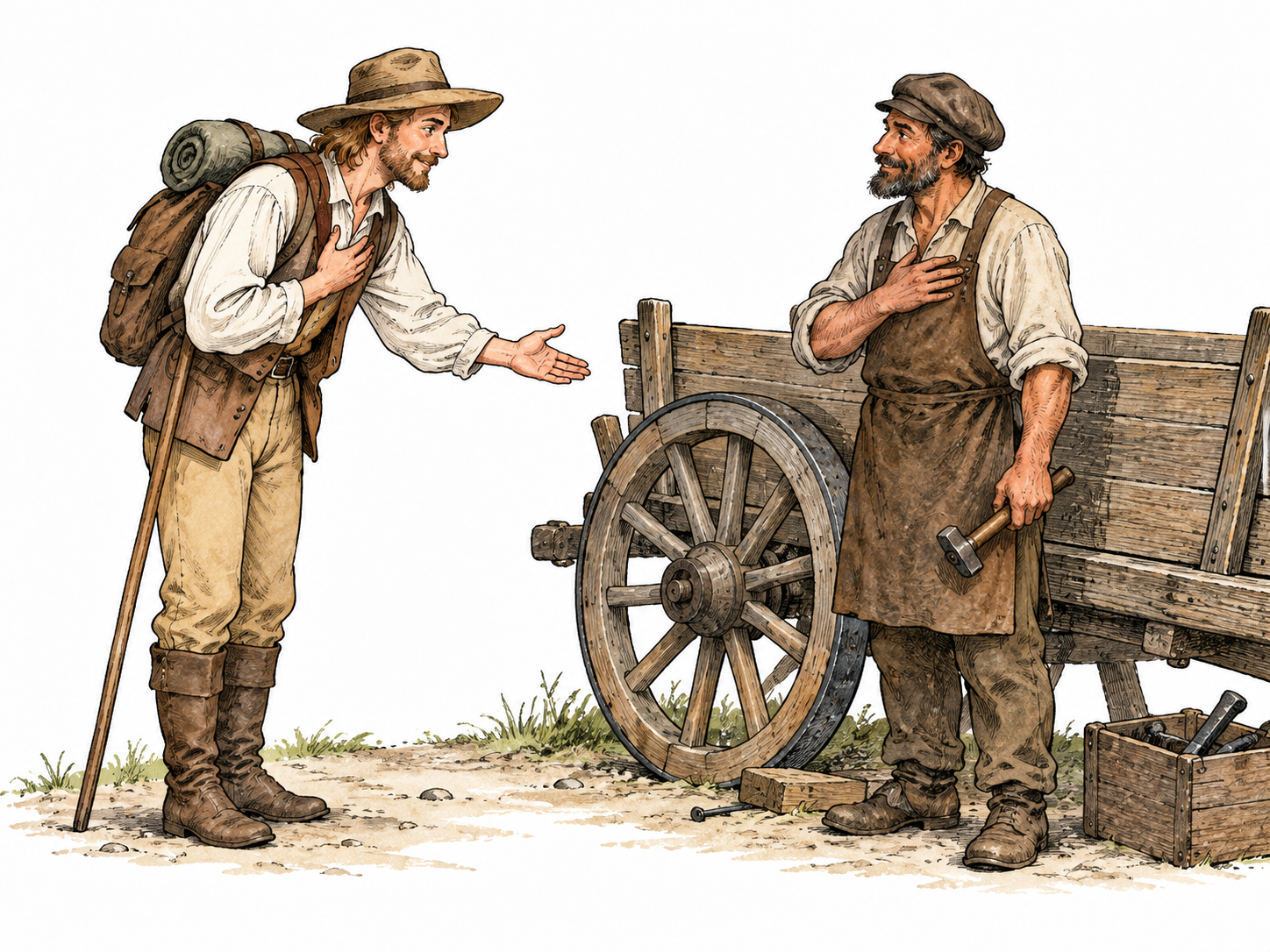 A grateful white traveler thanks the person who repaired their broken cart, hand over heart and respectful gesture.