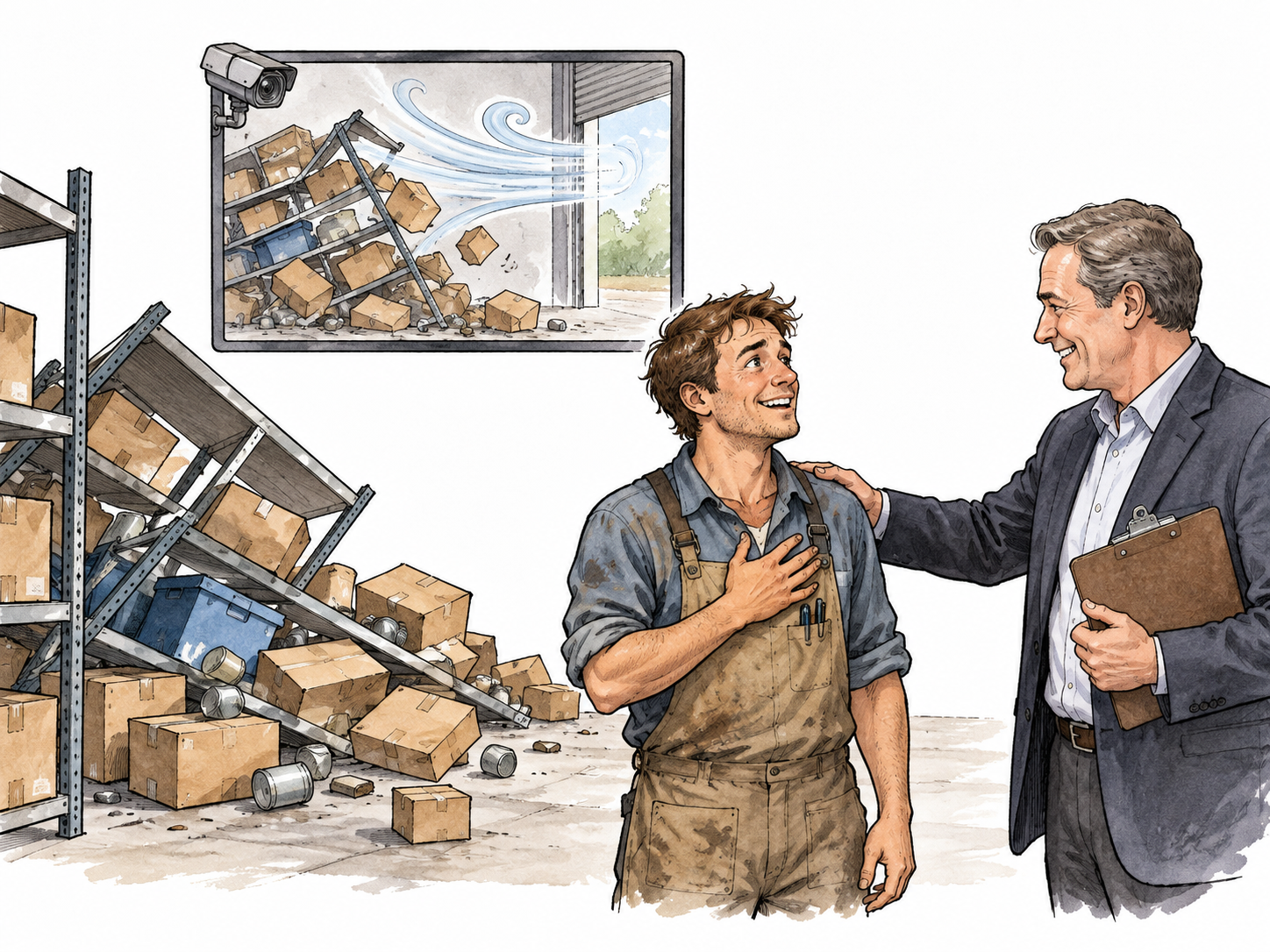 A relieved falsely accused worker is cleared when a camera photograph shows a wind gust toppled the shelf, evidence and relief.