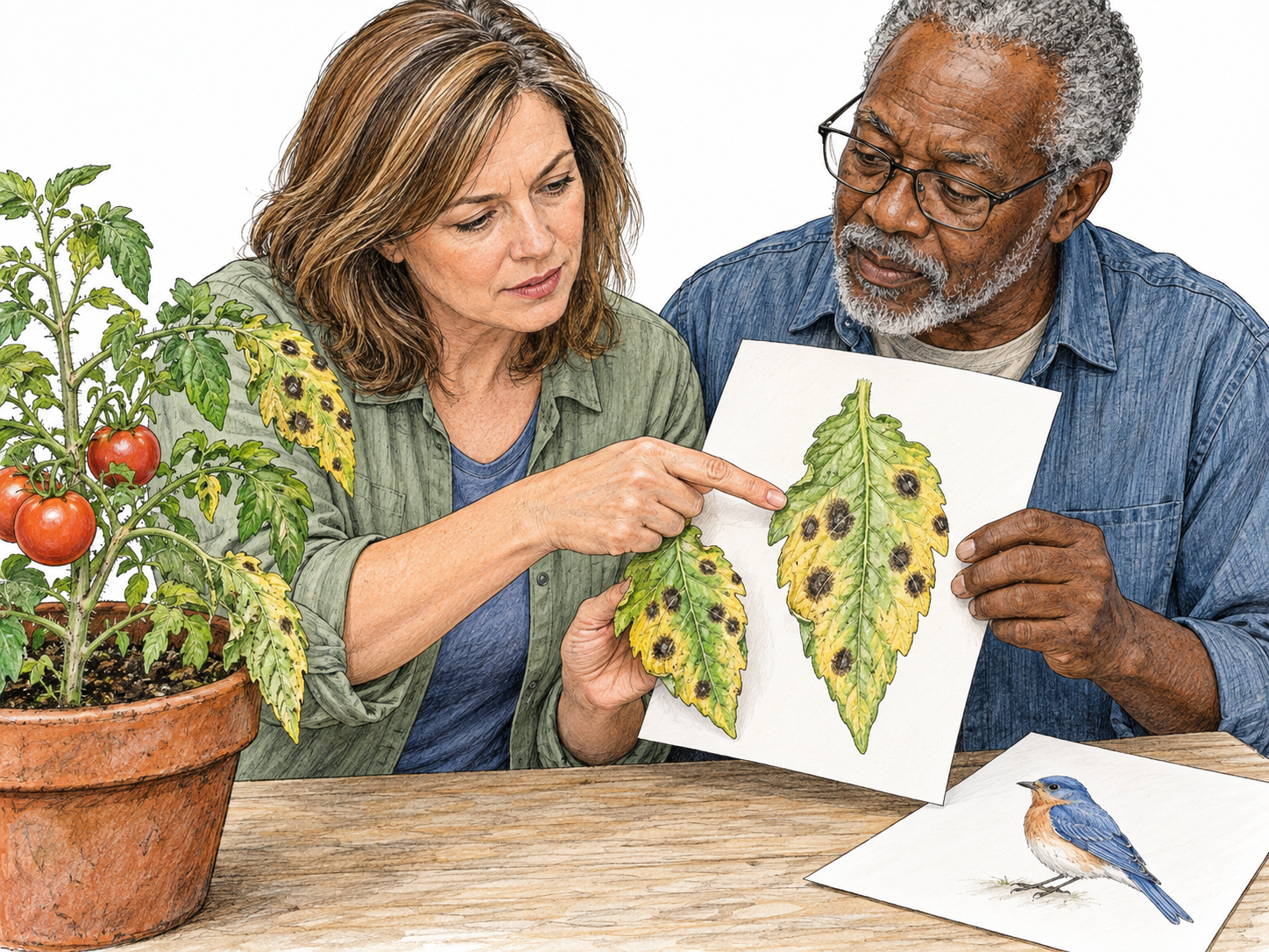 During a close examination of a diseased tomato plant, a gardener selects a reference illustration showing the same distinctive leaf damage, rather than an unrelated bird illustration.