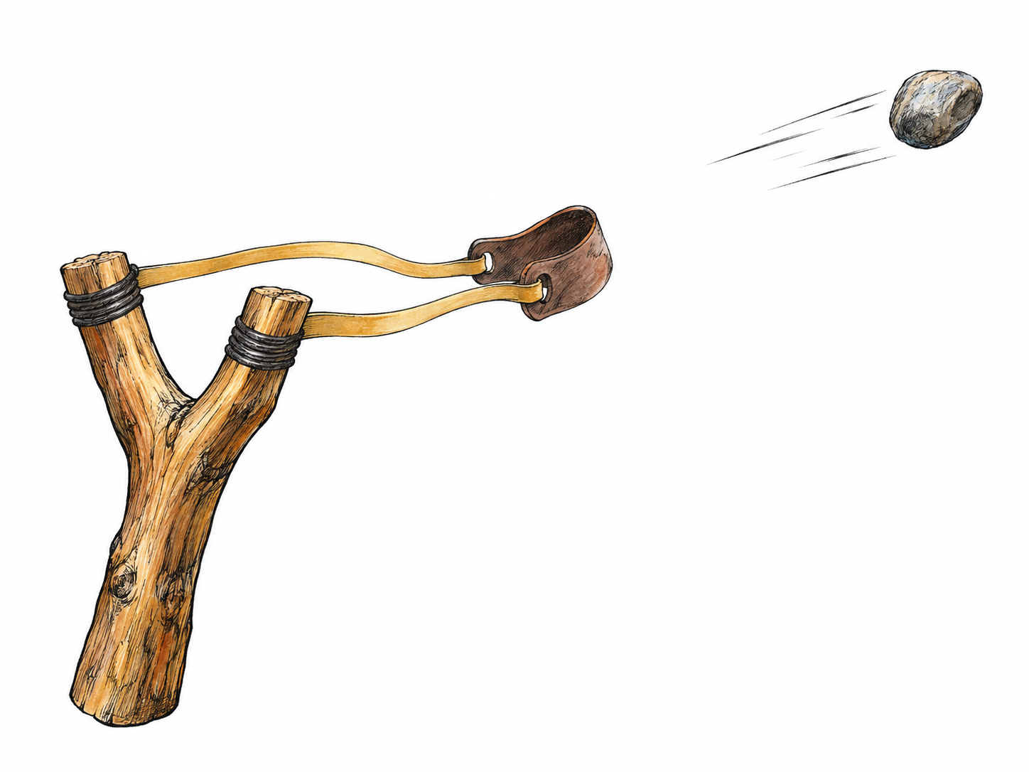 A stone visibly flying away from the released pouch of a slingshot, with the airborne stone prominent and a few short motion strokes establishing propulsion.