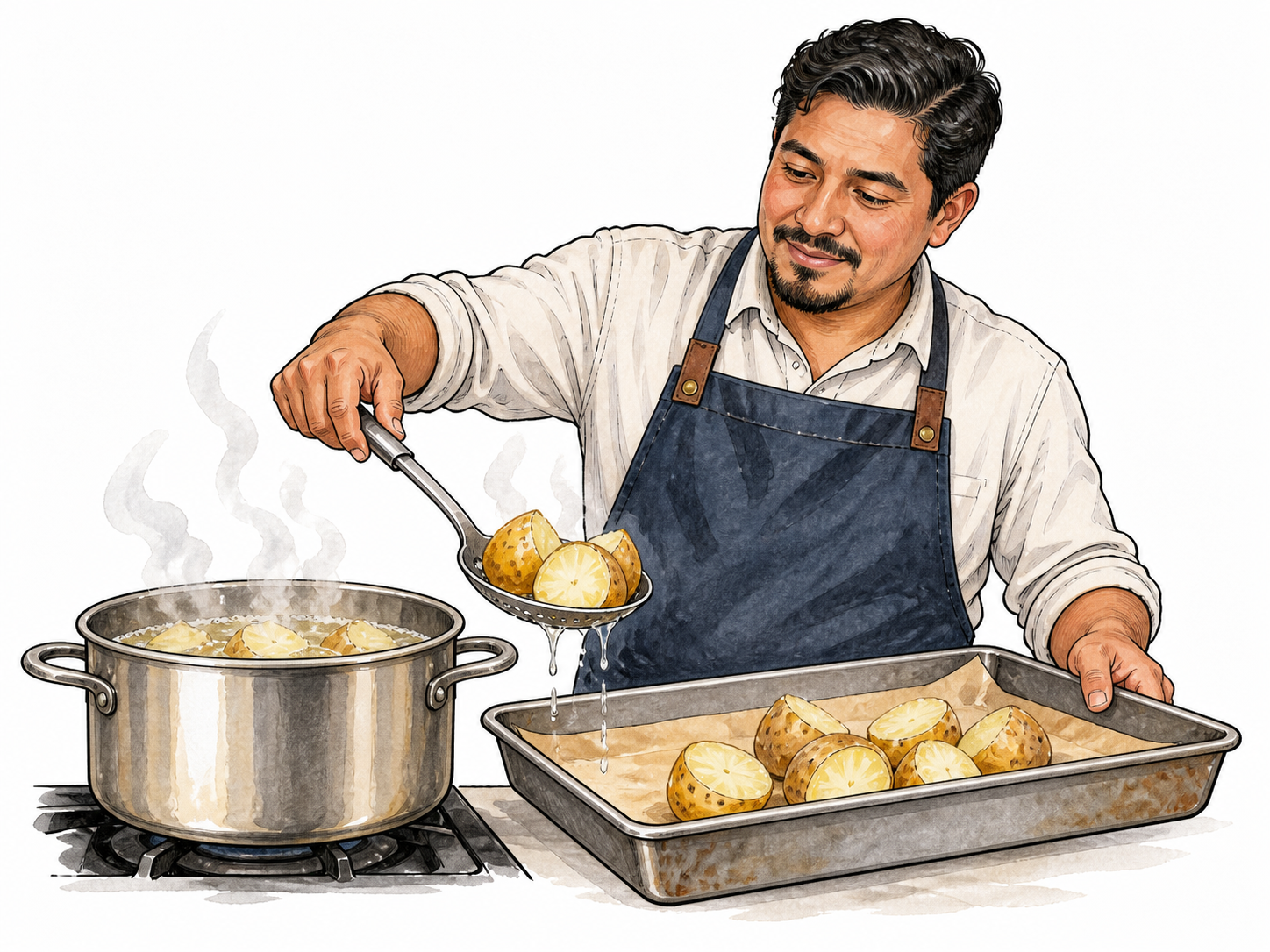 An adult cook uses a slotted spoon to lift firm potato chunks briefly from simmering water toward a roasting tray; partly cooked exterior and still firm interior visible in one cut piece.