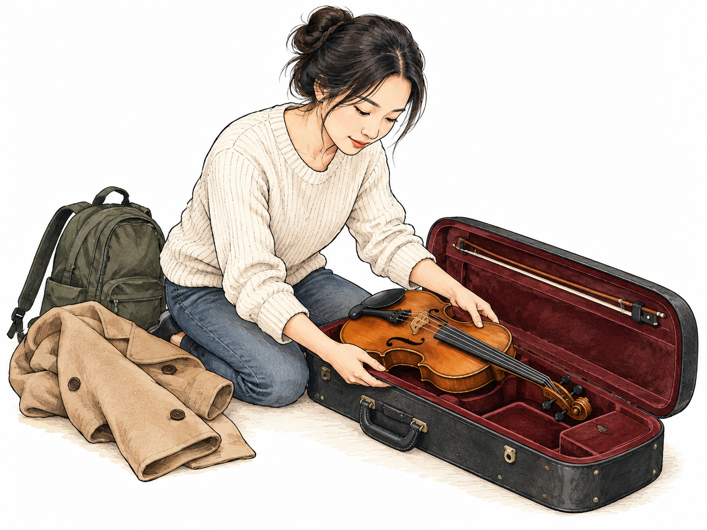 A young adult East Asian woman carefully places her cherished violin in its fitted case beside her own coat and backpack, showing a personal possession.
