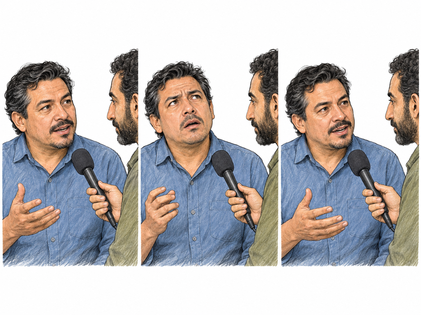 A compact three-beat interview sequence shows a speaker's fluent delivery breaking into an awkward, half-voiced hesitation before he resumes.