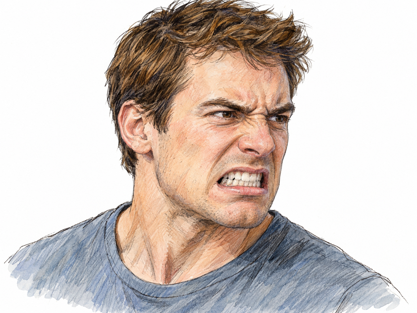 A close three-quarter portrait of a frustrated young adult man grinding his teeth, with lips drawn back enough to reveal tightly contacting teeth and a tense jaw.