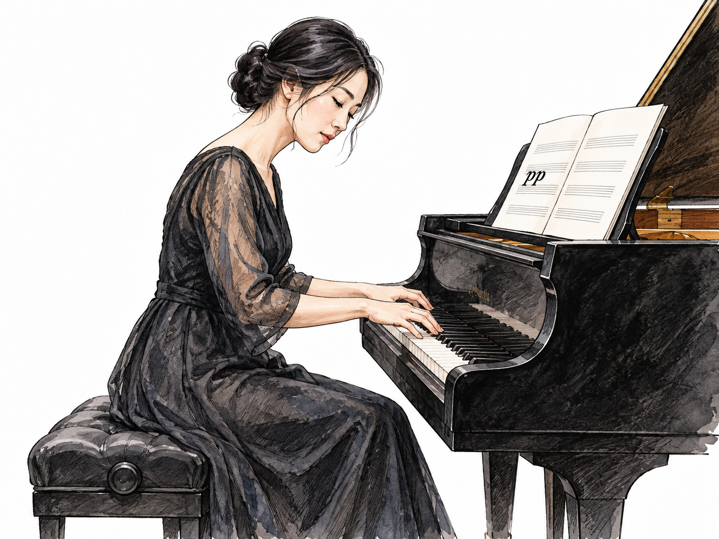 A pianist touches keys delicately while listening closely, quiet restrained playing visible; only small essential musical dynamic pp on nearby otherwise blank score allowed.