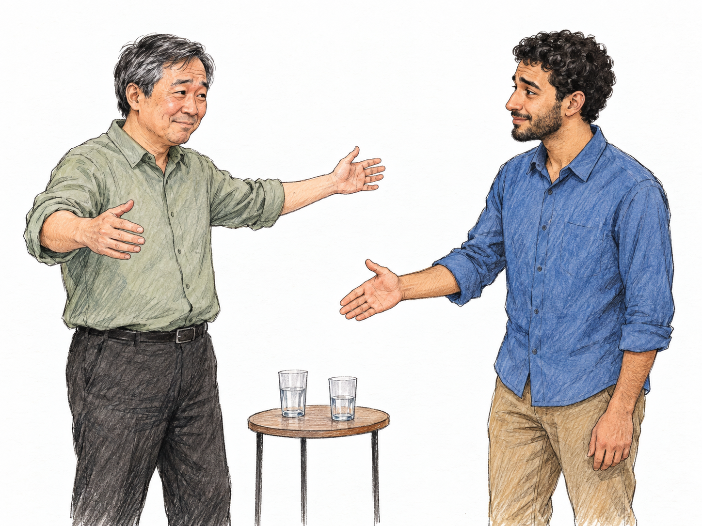 An awkward greeting at a small modern social gathering: one man starts a hug while the other offers a handshake, leaving both paused in embarrassed uncertainty.