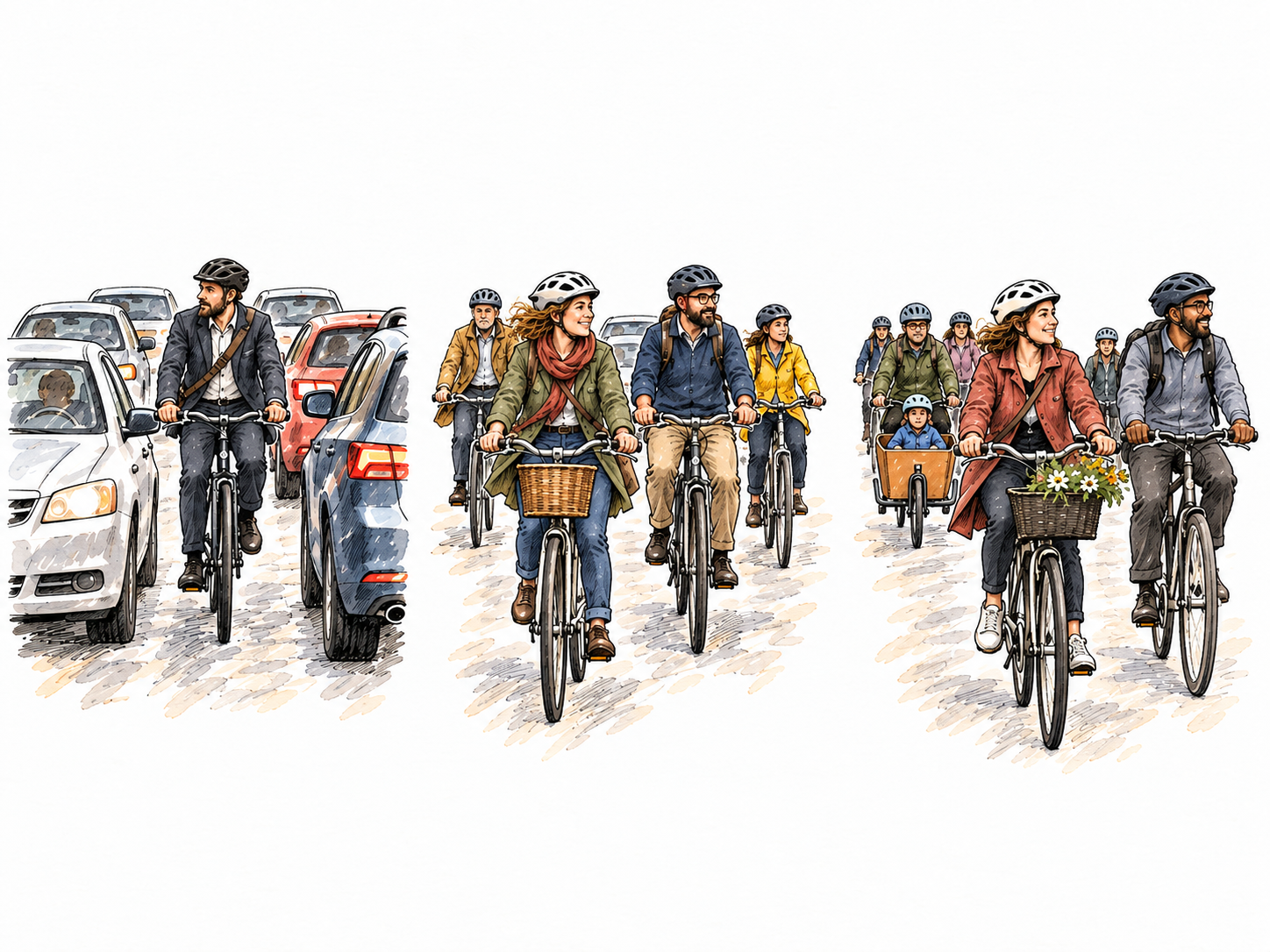 Three successive small unlabeled city-street vignettes show increasing bicycle commuting: first one bicycle among several cars, then several cyclists and fewer cars, finally a stream of cyclists with one car.