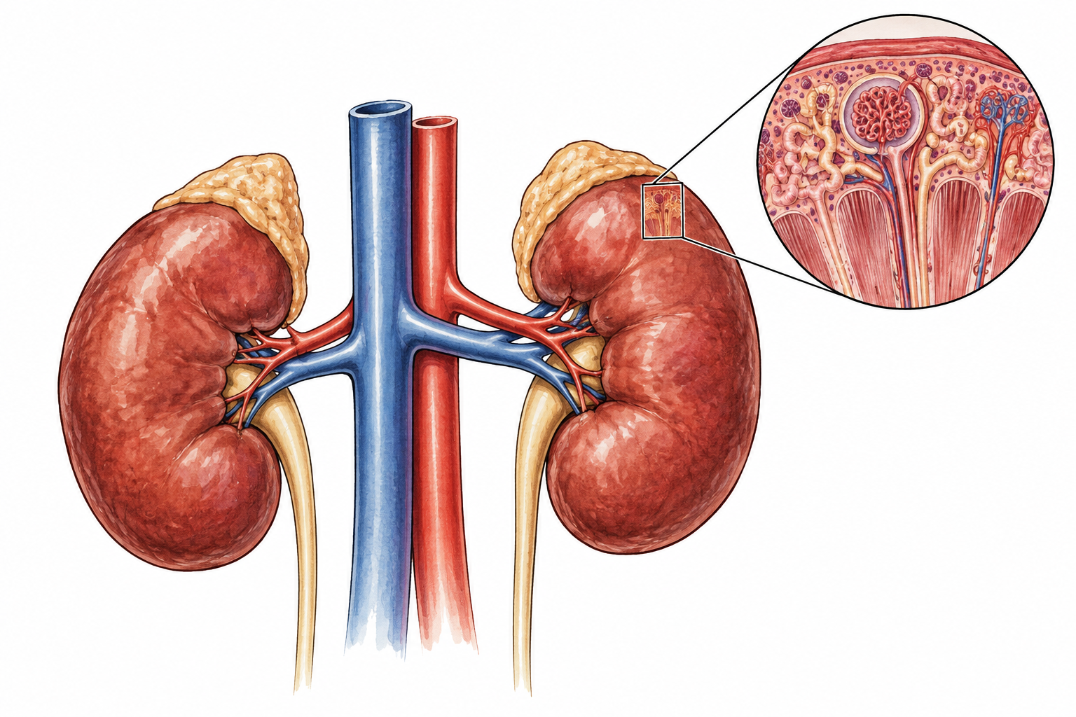 Clean anatomical pair of human kidneys with ureters and correct vessels, with magnified renal tissue inset, educational not graphic.