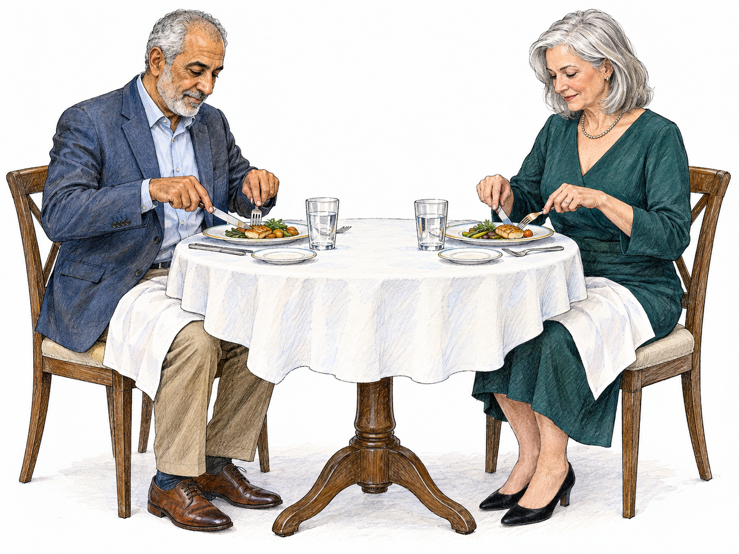 Two older adults demonstrate formal dining etiquette: sitting upright with napkins on their laps, elbows off the table, and using their own cutlery neatly over individual plates.