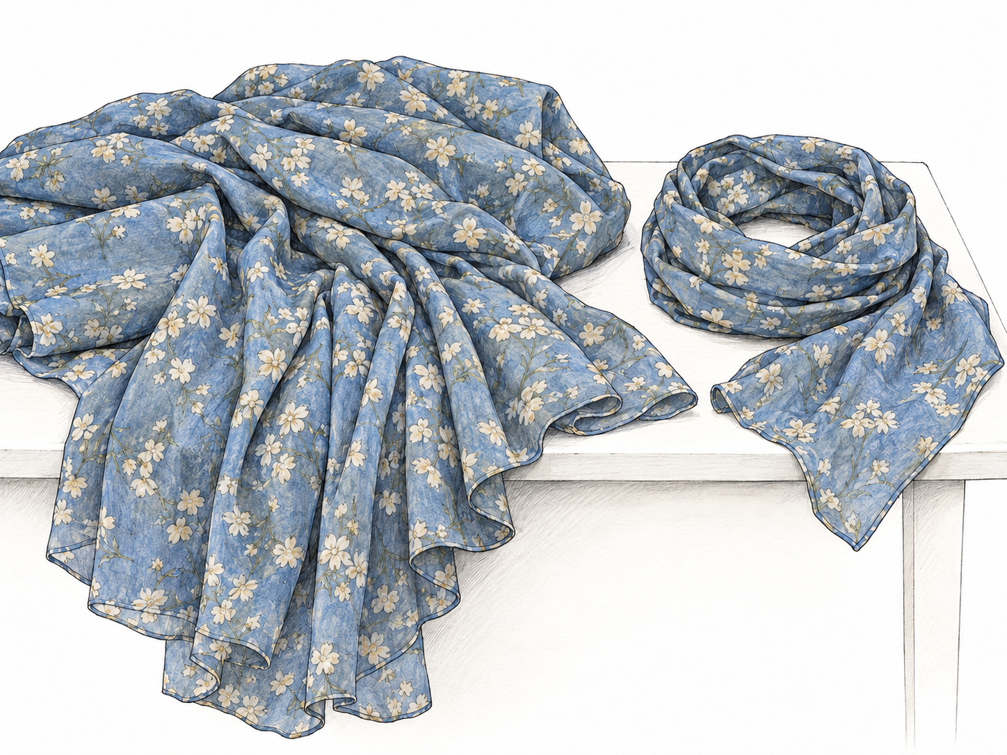 A length of matte floral challis cascades from a loosely folded stack into soft, fine folds, with a matching simply cut scarf beside it.