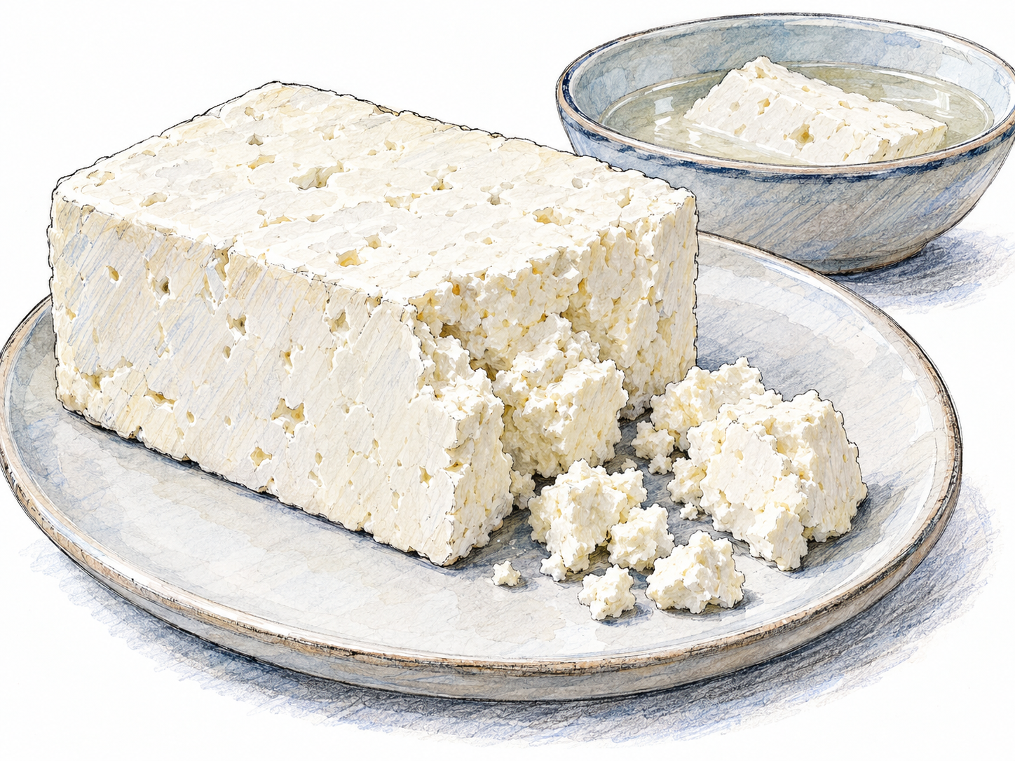A close-up still life of a rindless white feta block with a broken corner and scattered coarse, chalky crumbs on a small plate, accompanied by a shallow dish of brine containing another piece.