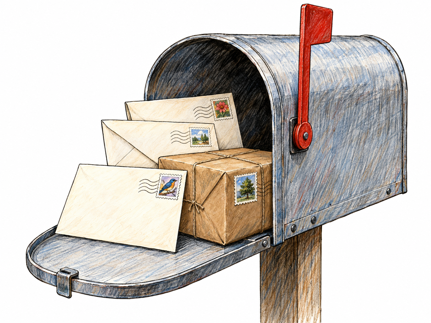 An open household mailbox contains stamped envelopes and a small wrapped parcel, with the postal contents prominent and immediately readable.