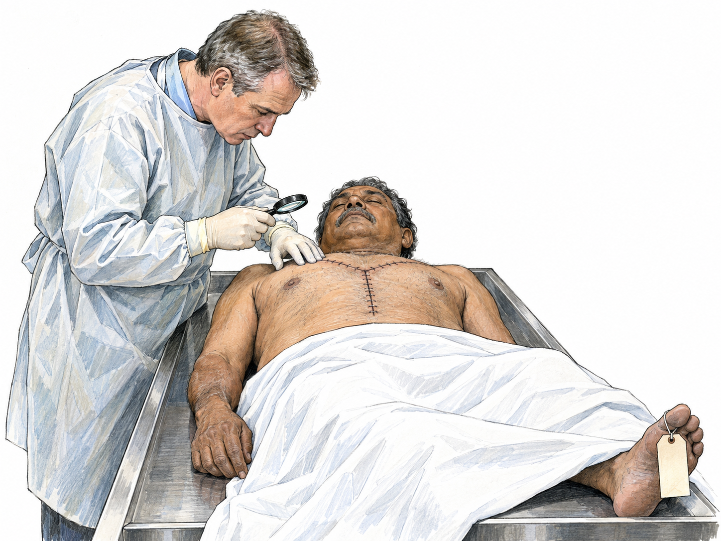 A pathologist examines a deceased man's upper chest on a stainless-steel mortuary table.