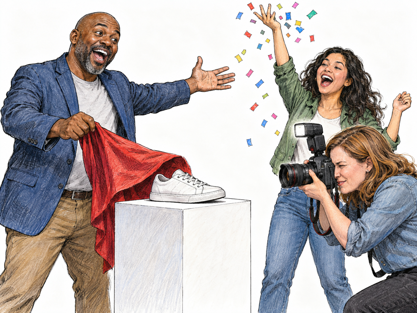An exaggerated publicity launch for a single ordinary sneaker: a presenter exuberantly unveils it while a cheering attendee throws confetti and a photographer crowds in for a picture.
