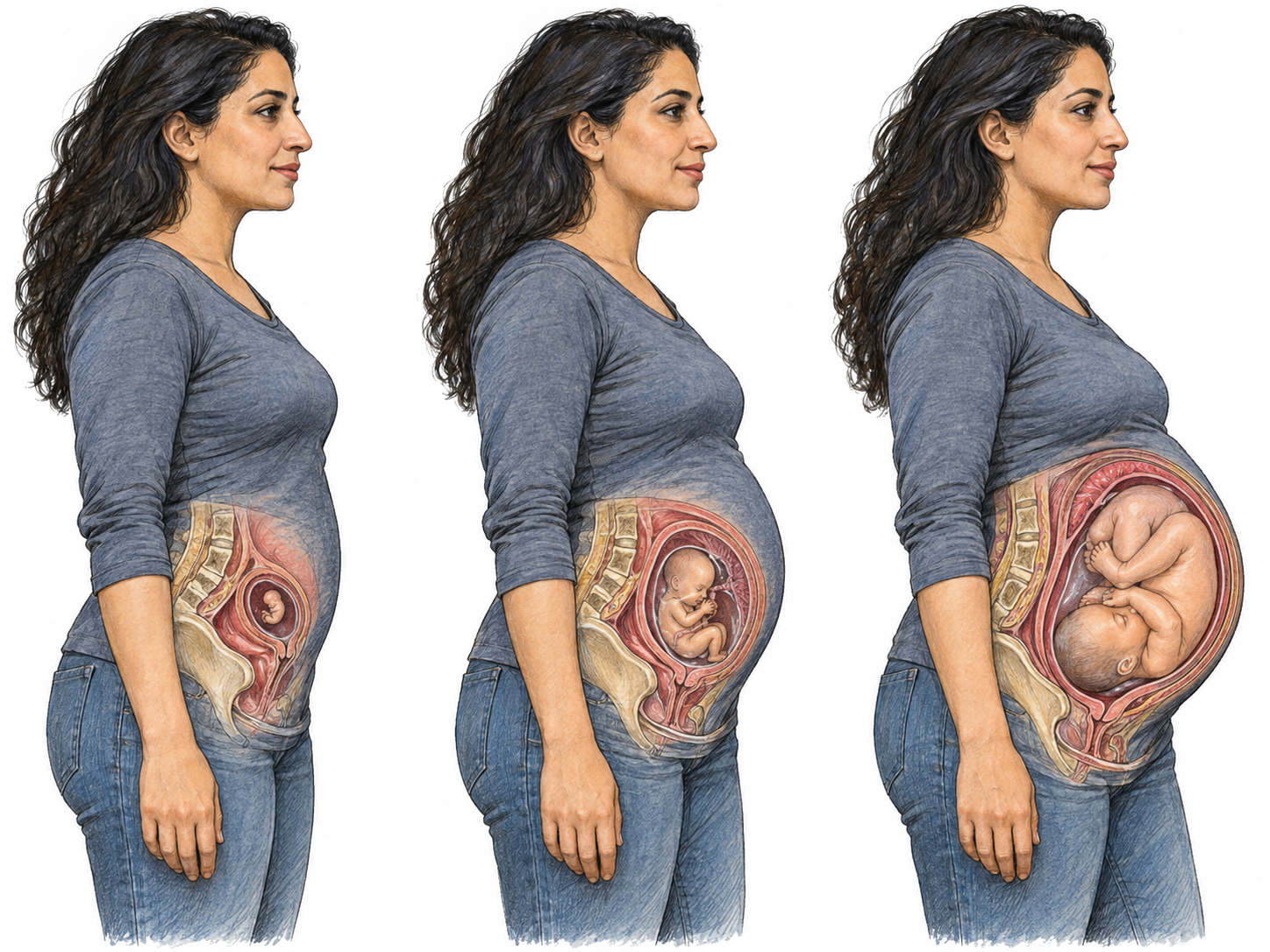 Three successive profile studies of the same pregnant woman show the developing young inside her womb, progressing from a small embryo to a curled, near-term fetus.