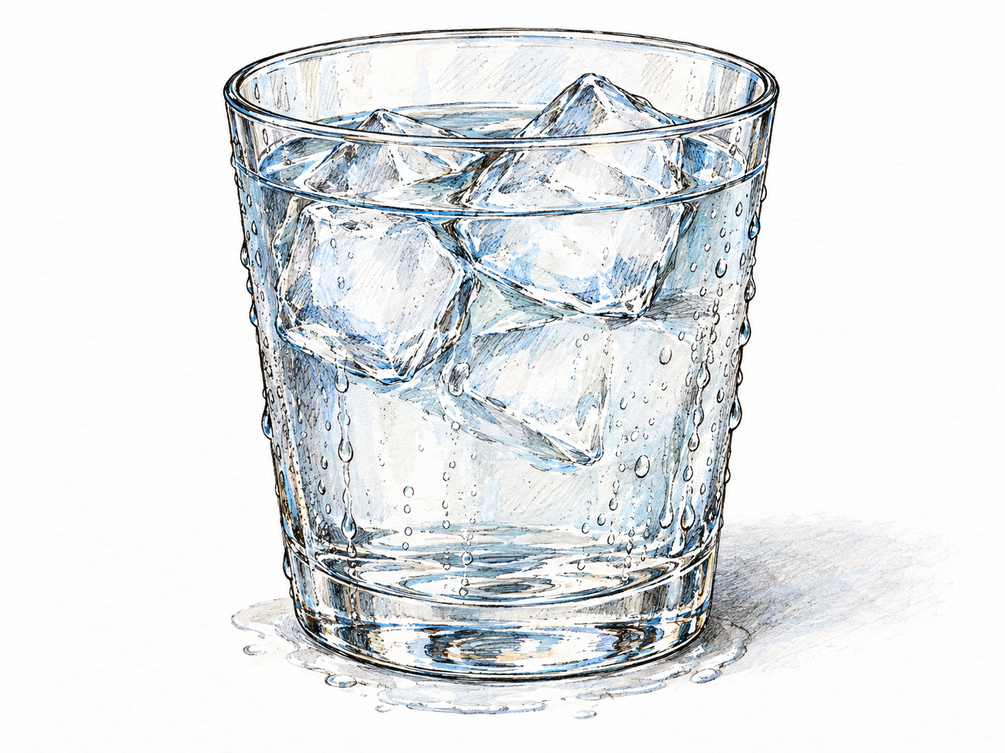 A clear glass of ice water, with large melting ice cubes and conspicuous condensation droplets, visibly conveys low temperature.