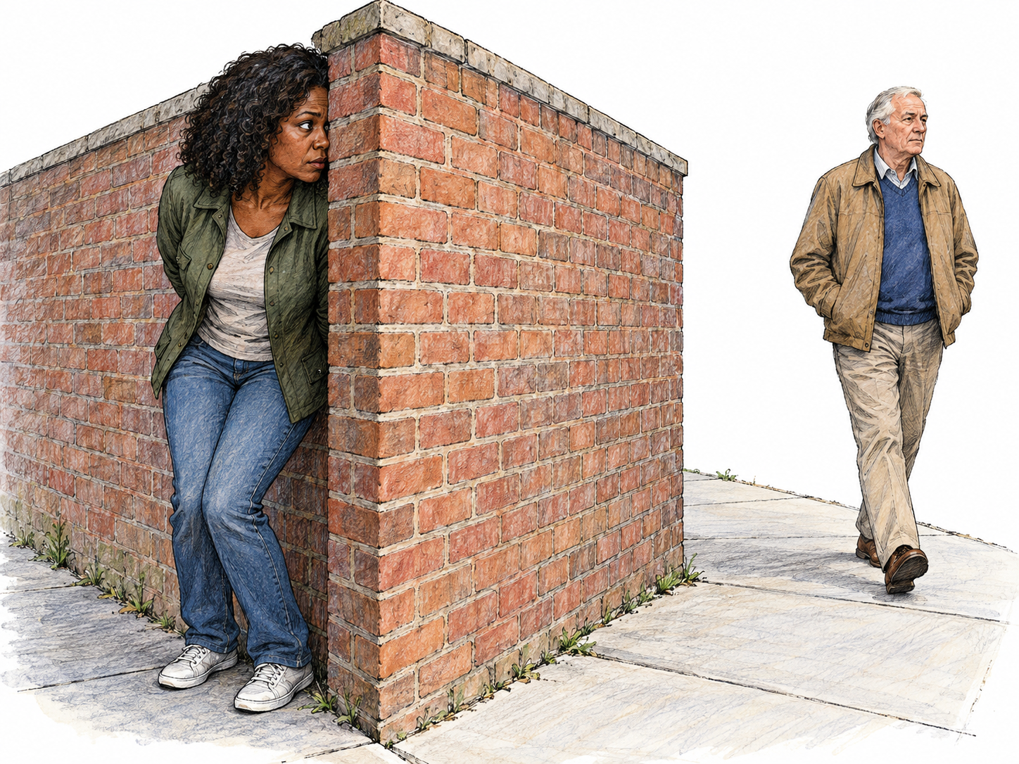 A woman conceals herself behind a brick corner, keeping her body withdrawn while peering around its edge at an approaching man who cannot see her.
