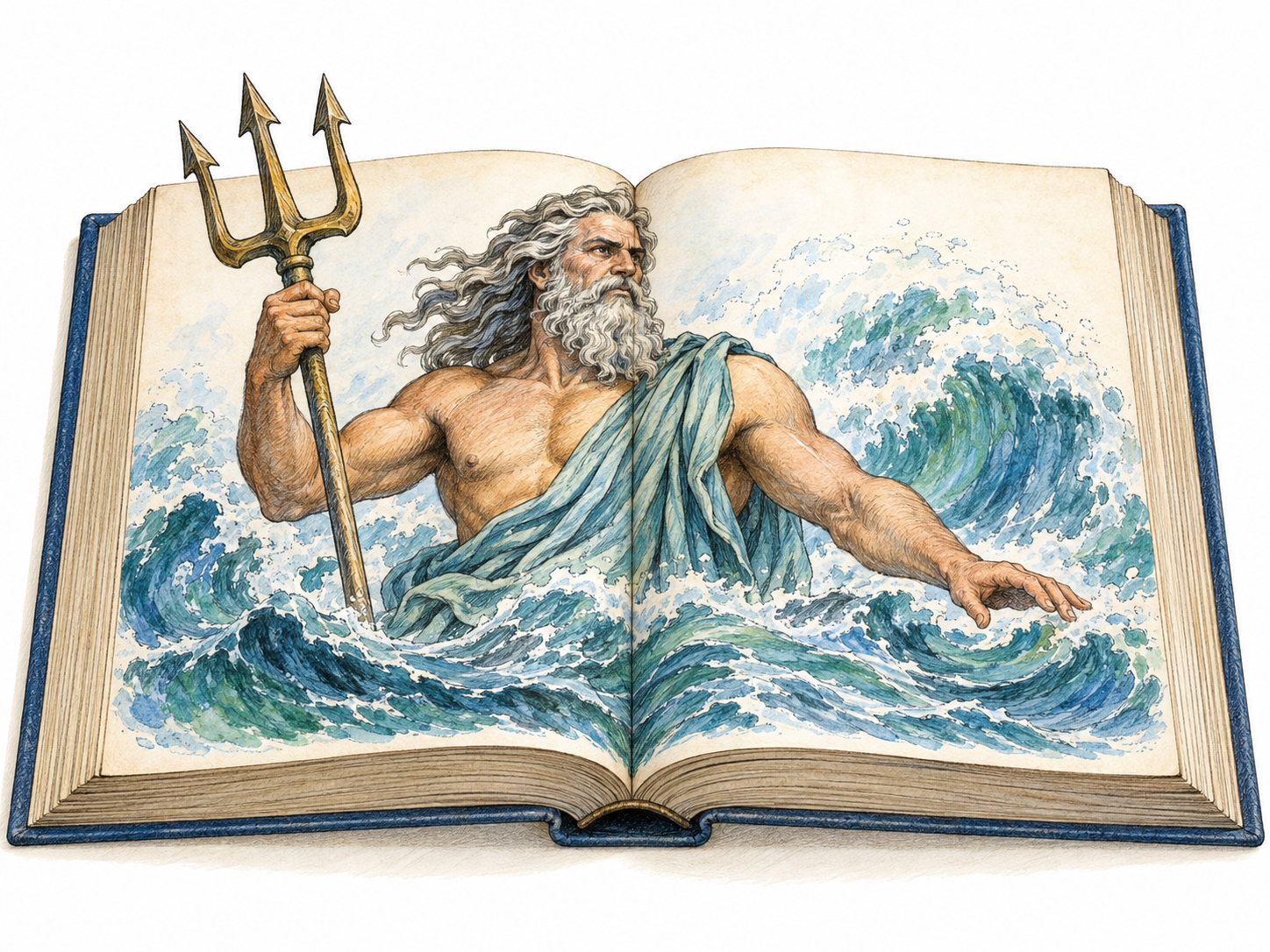 An open, unlettered illustrated storybook shows the recognizable Greek mythological figure Poseidon rising from stylized sea waves with his trident.